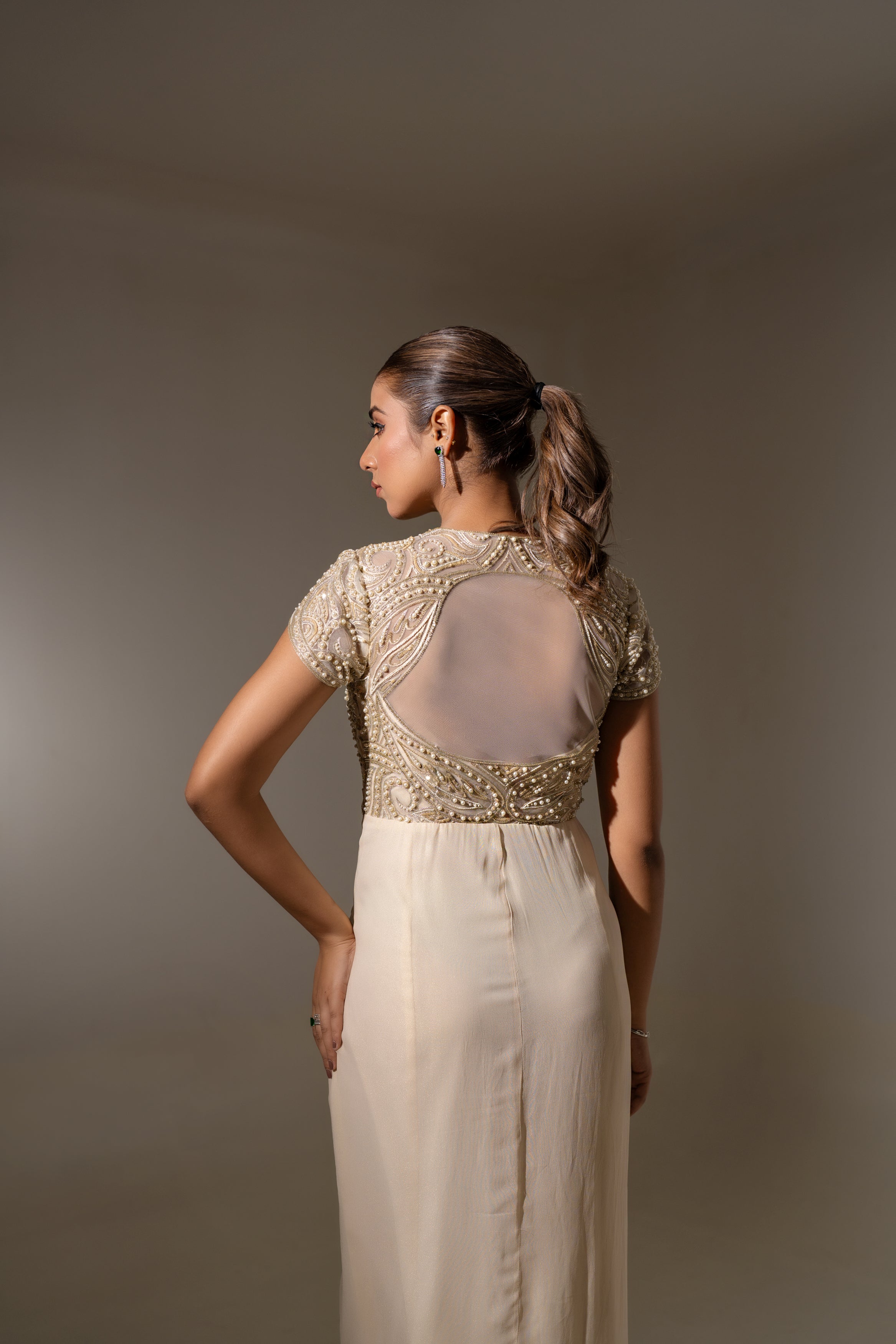 OFF WHITE EMBELLISHED DRAPED GOWN