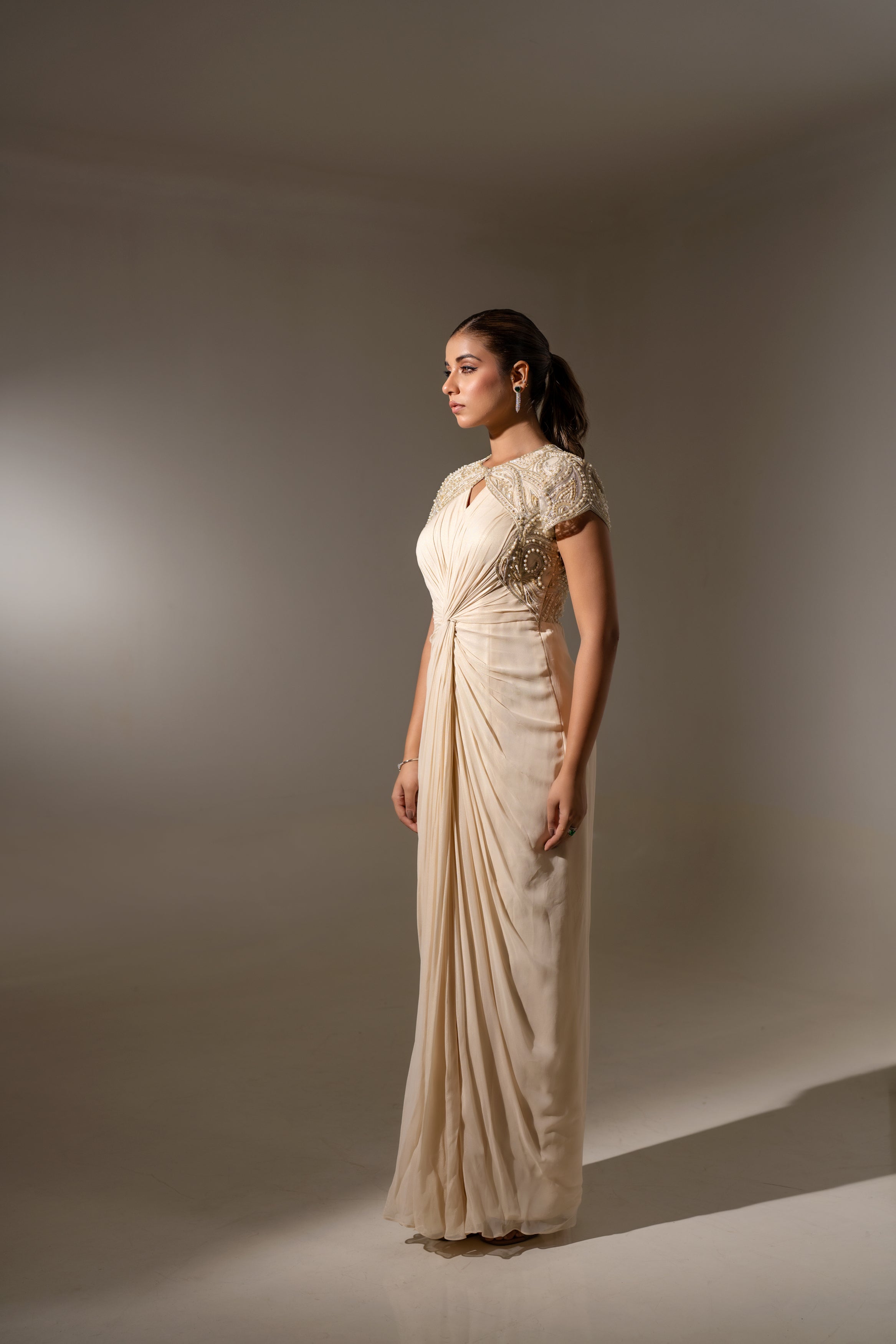 OFF WHITE EMBELLISHED DRAPED GOWN