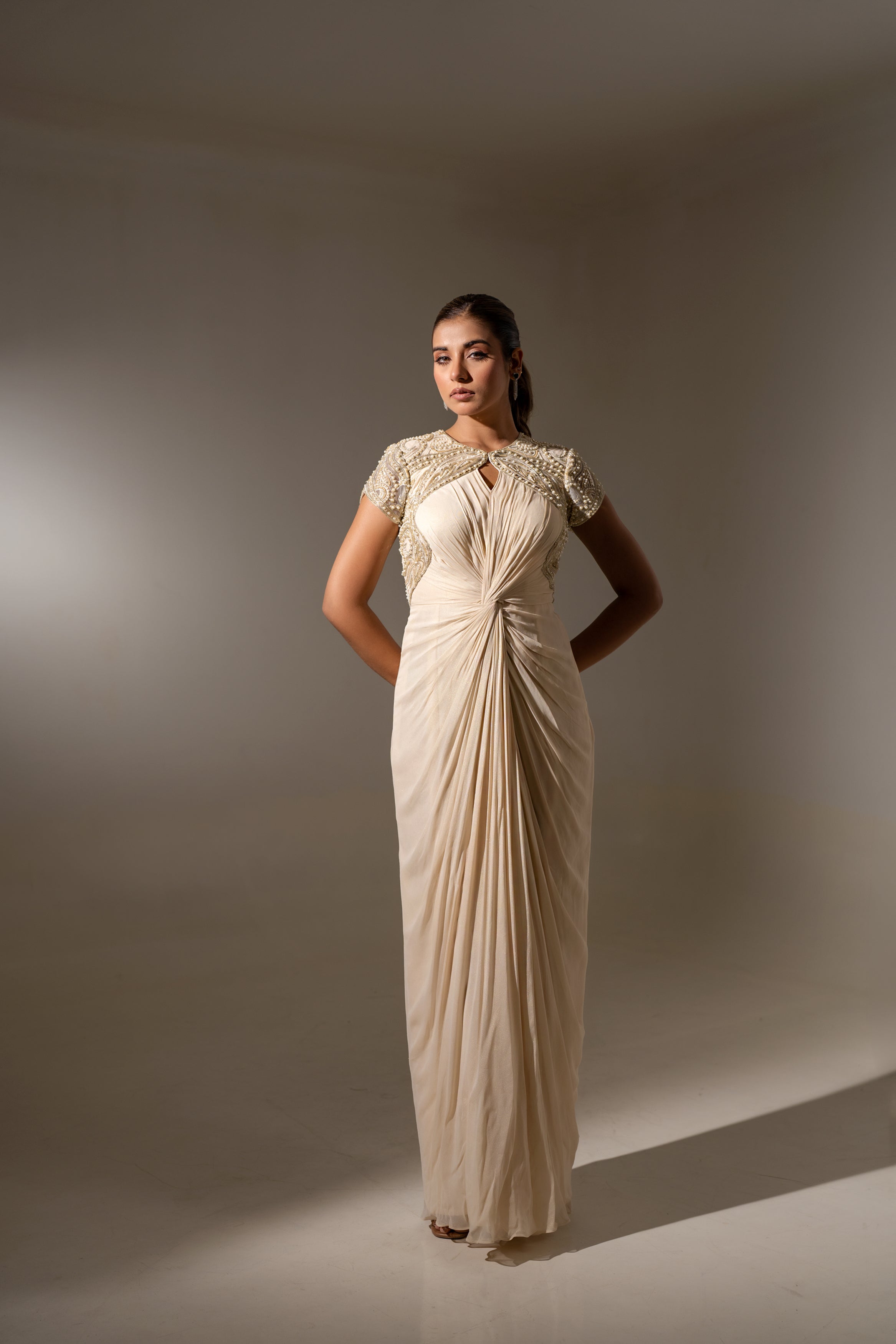 OFF WHITE EMBELLISHED DRAPED GOWN