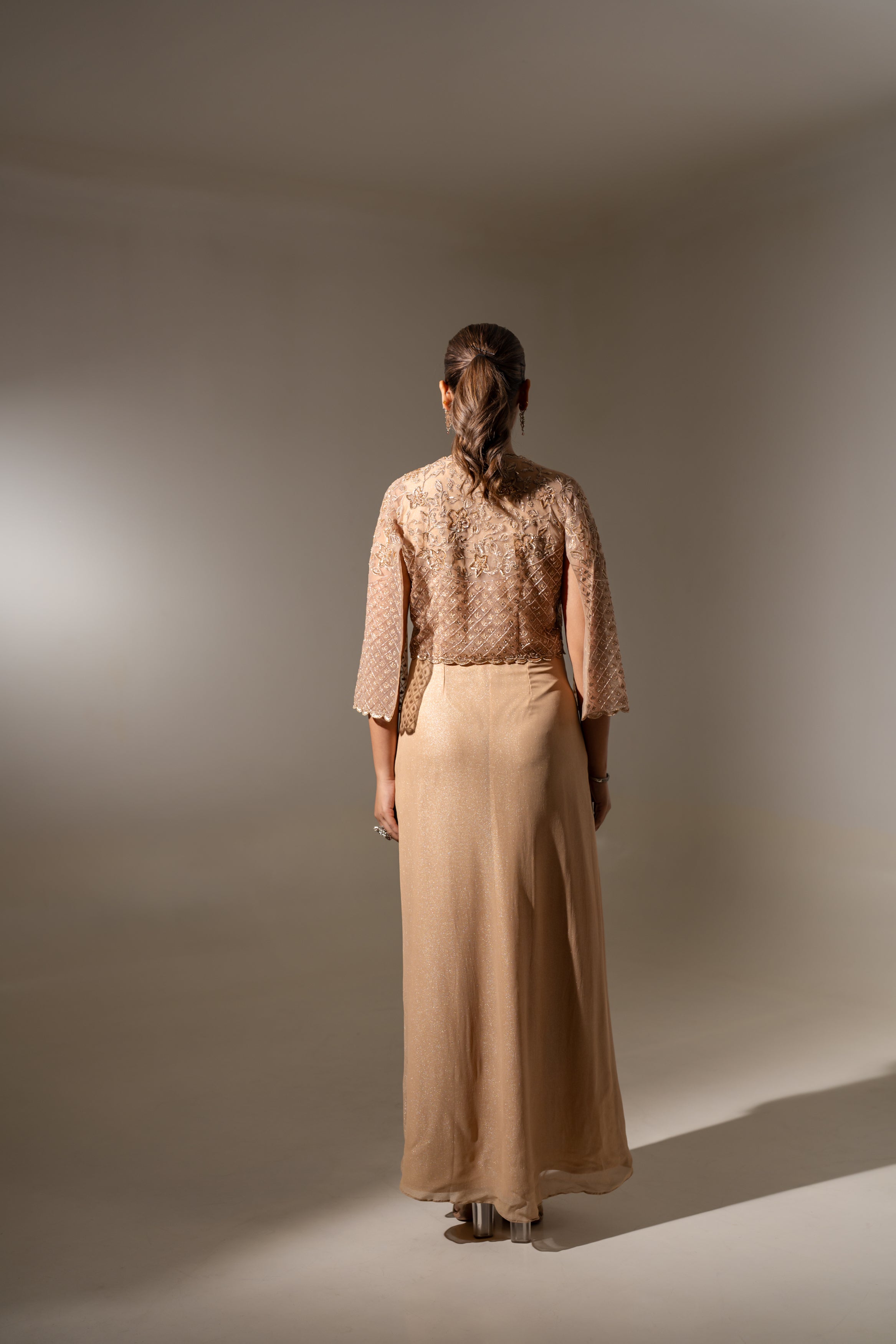 EMBROIDERED JACKET WITH DRAPED GOWN