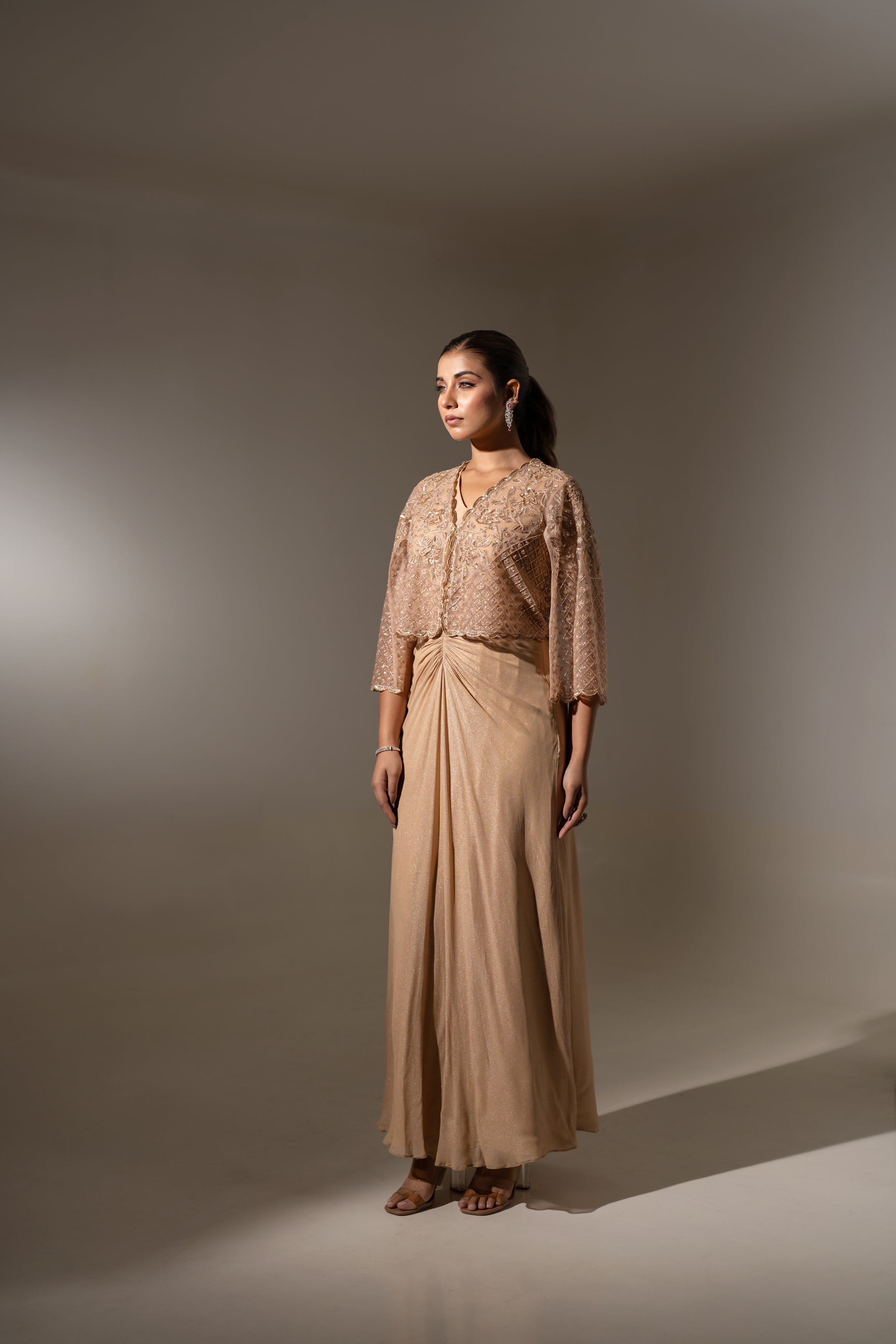EMBROIDERED JACKET WITH DRAPED GOWN