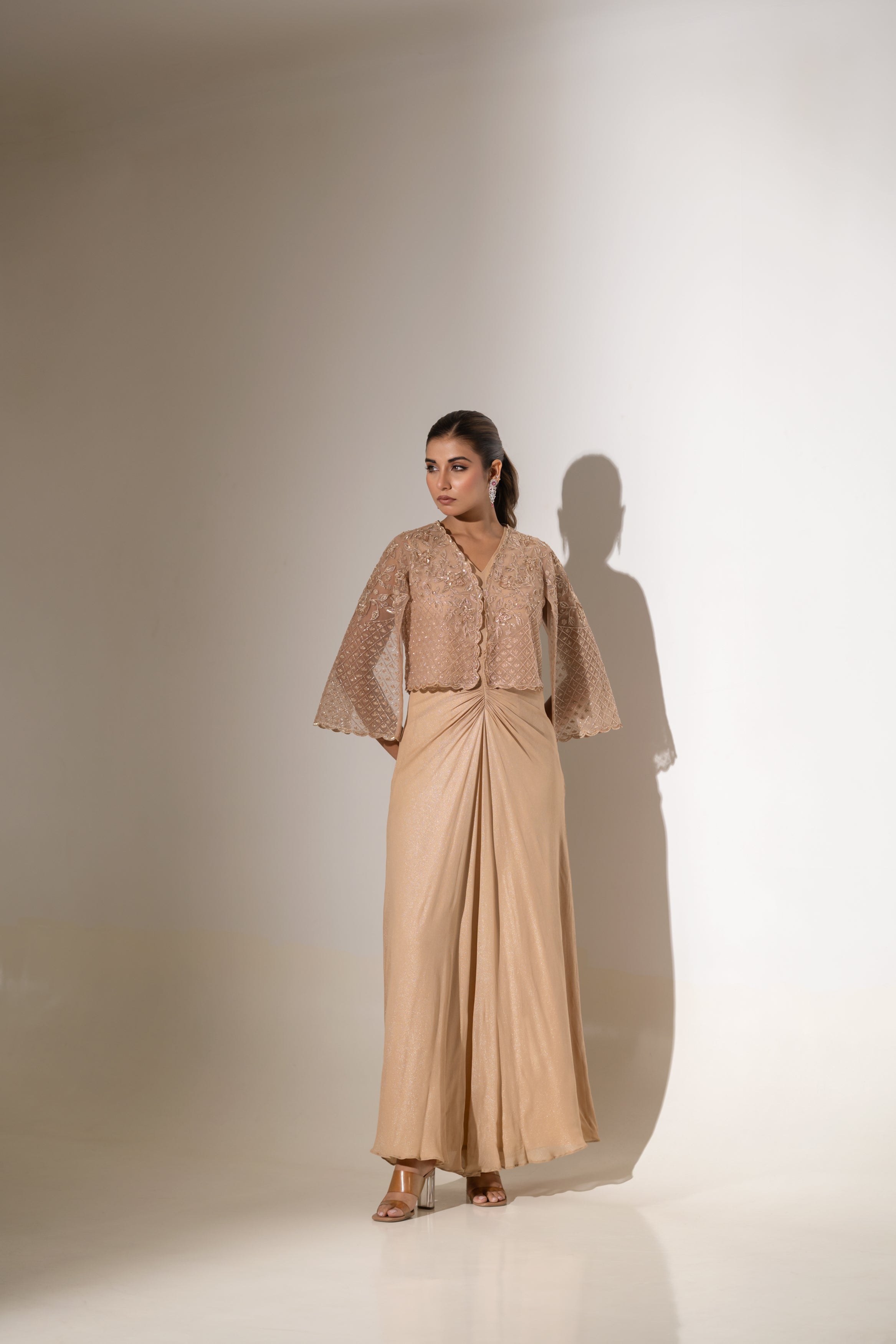 EMBROIDERED JACKET WITH DRAPED GOWN