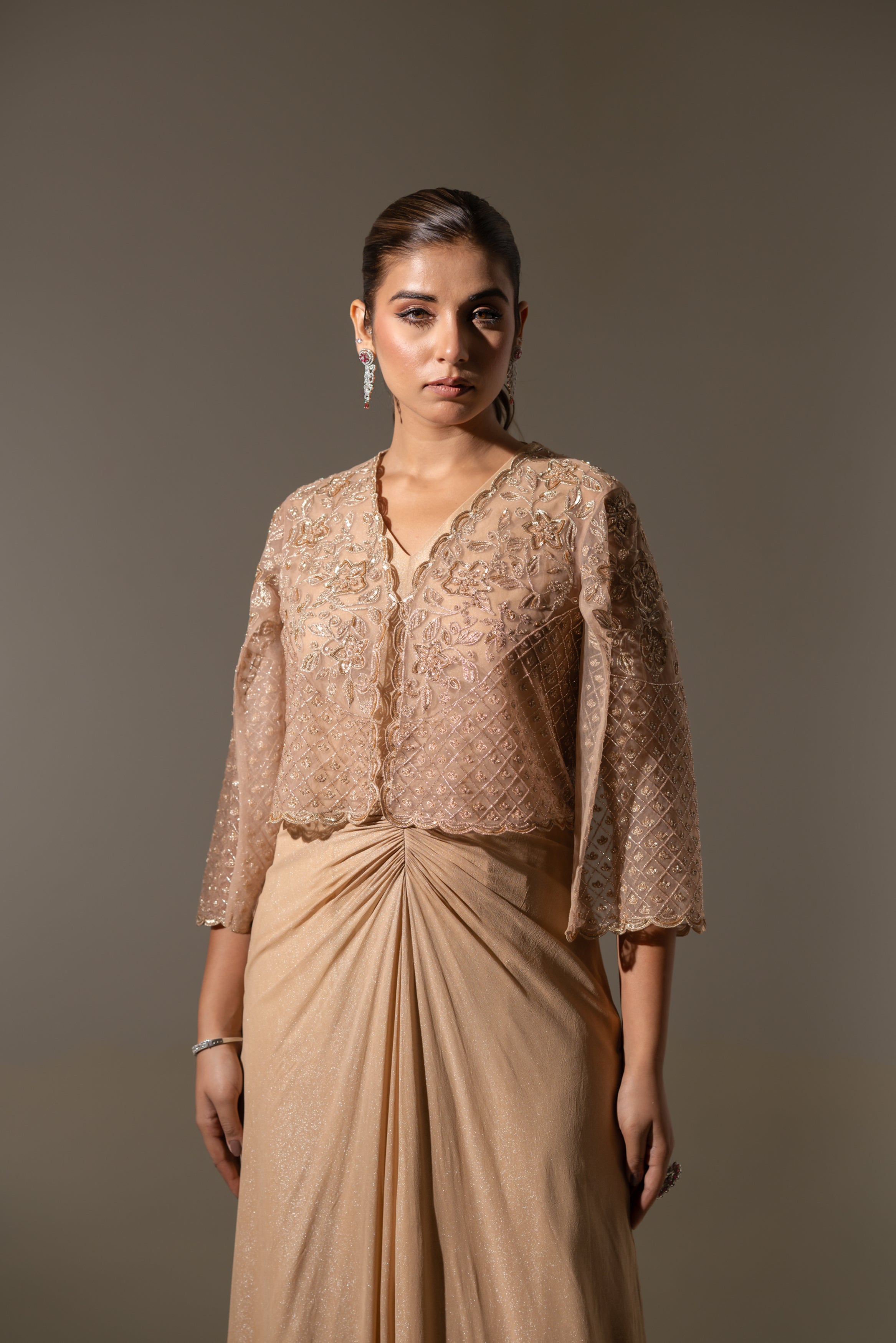 EMBROIDERED JACKET WITH DRAPED GOWN