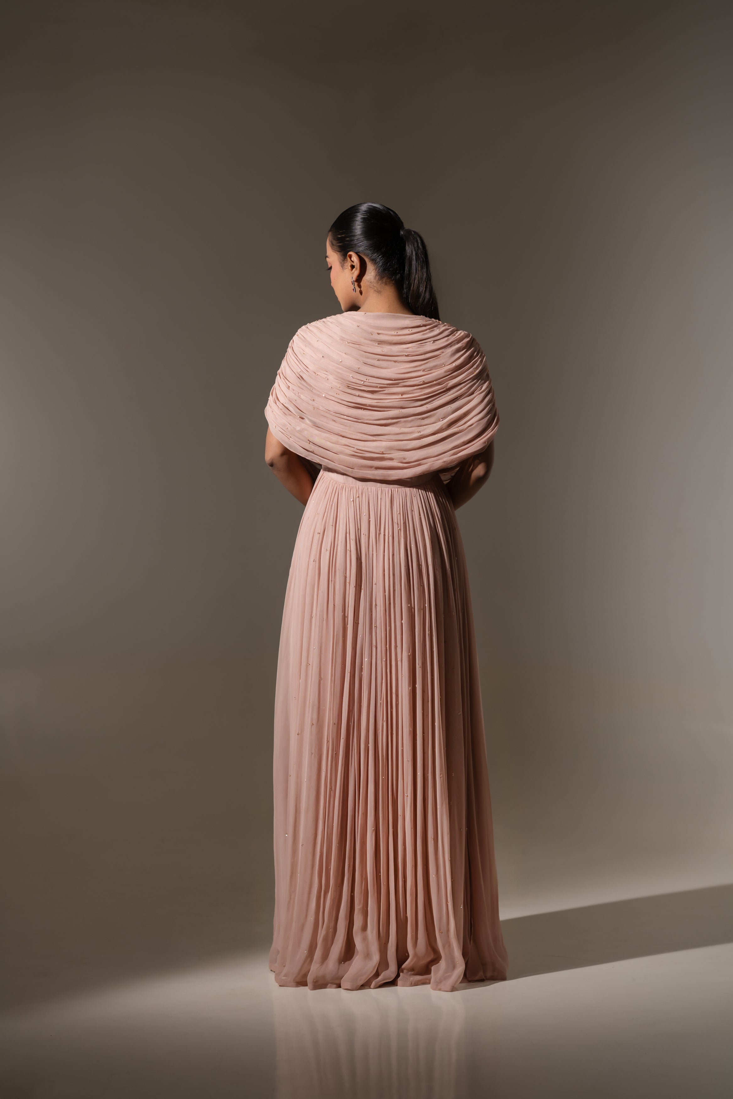 EMBROIDERED DRAPED PLEATED GOWN