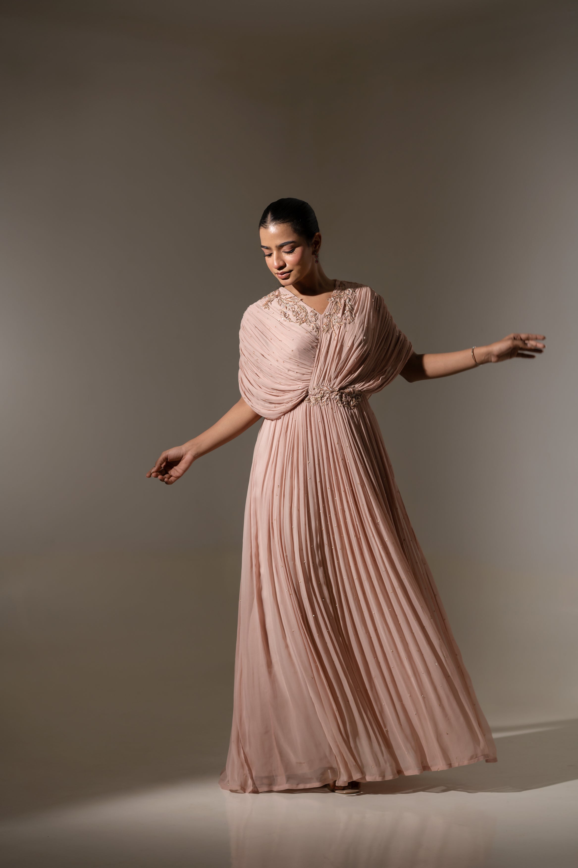 EMBROIDERED DRAPED PLEATED GOWN