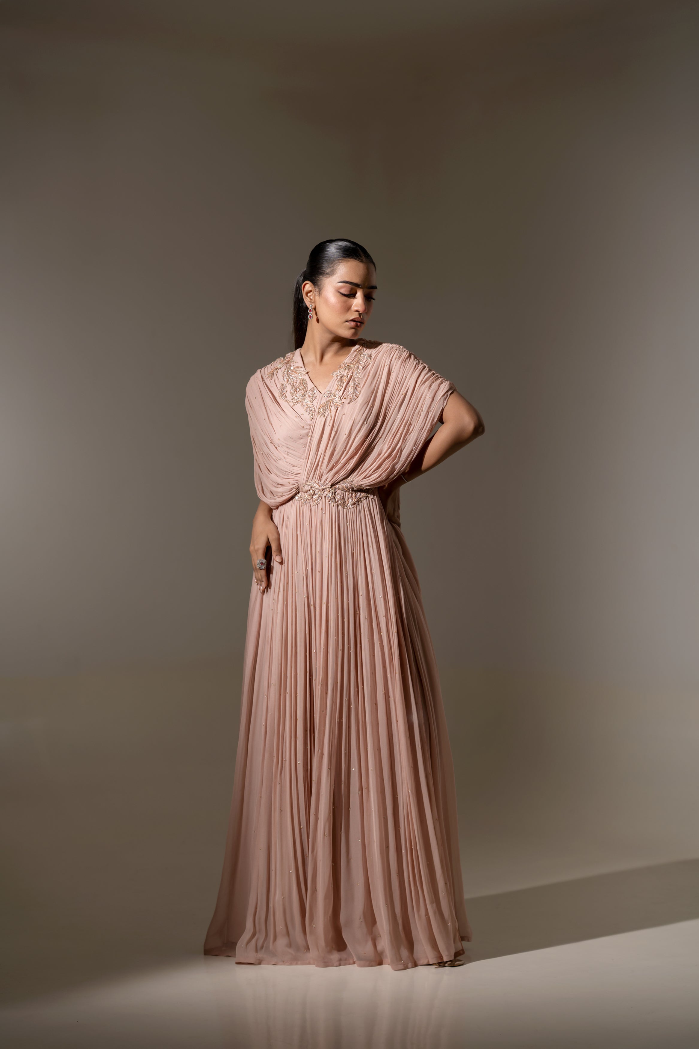 EMBROIDERED DRAPED PLEATED GOWN