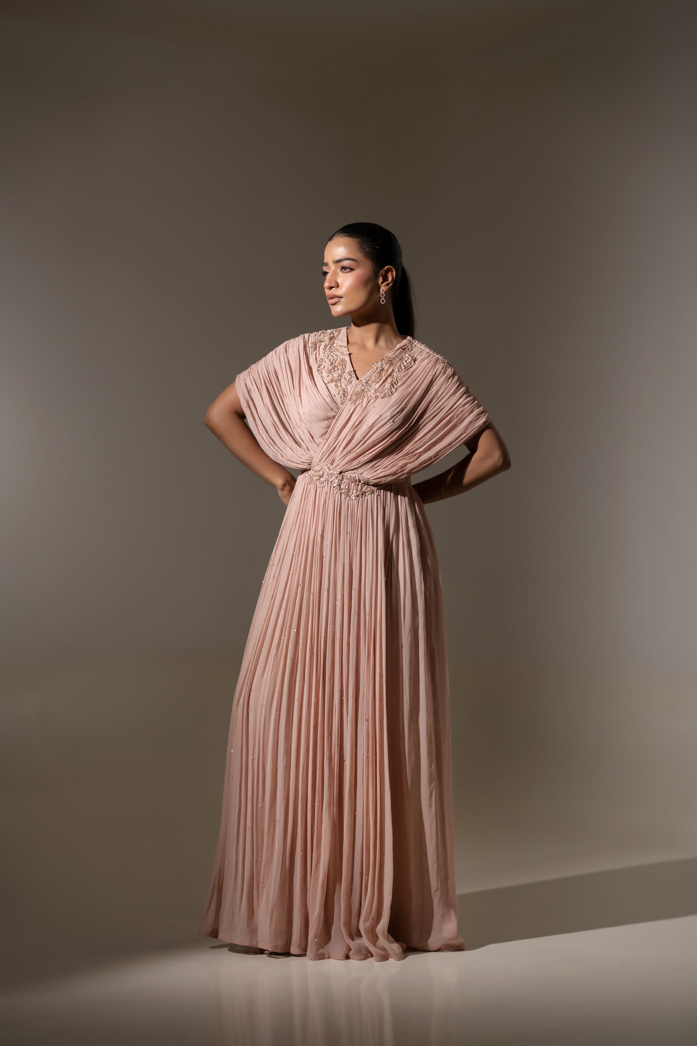EMBROIDERED DRAPED PLEATED GOWN