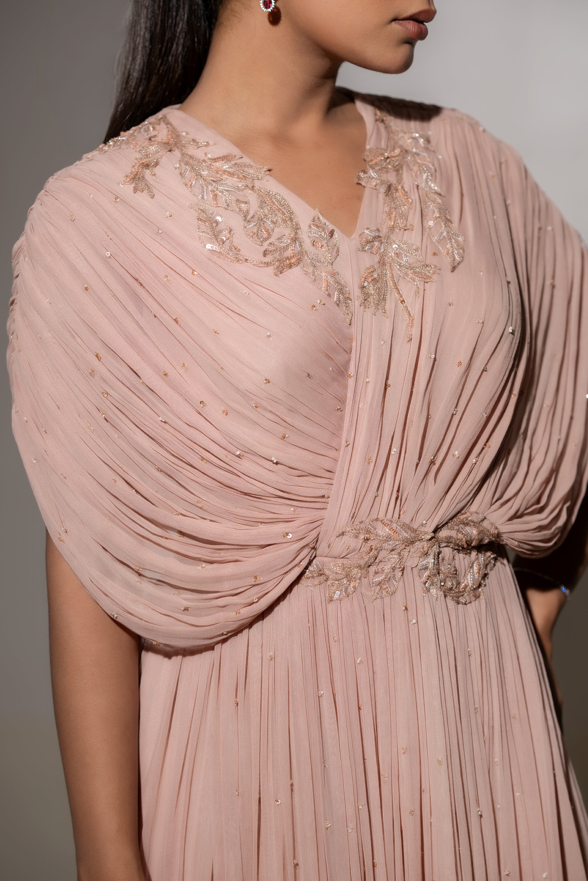 EMBROIDERED DRAPED PLEATED GOWN