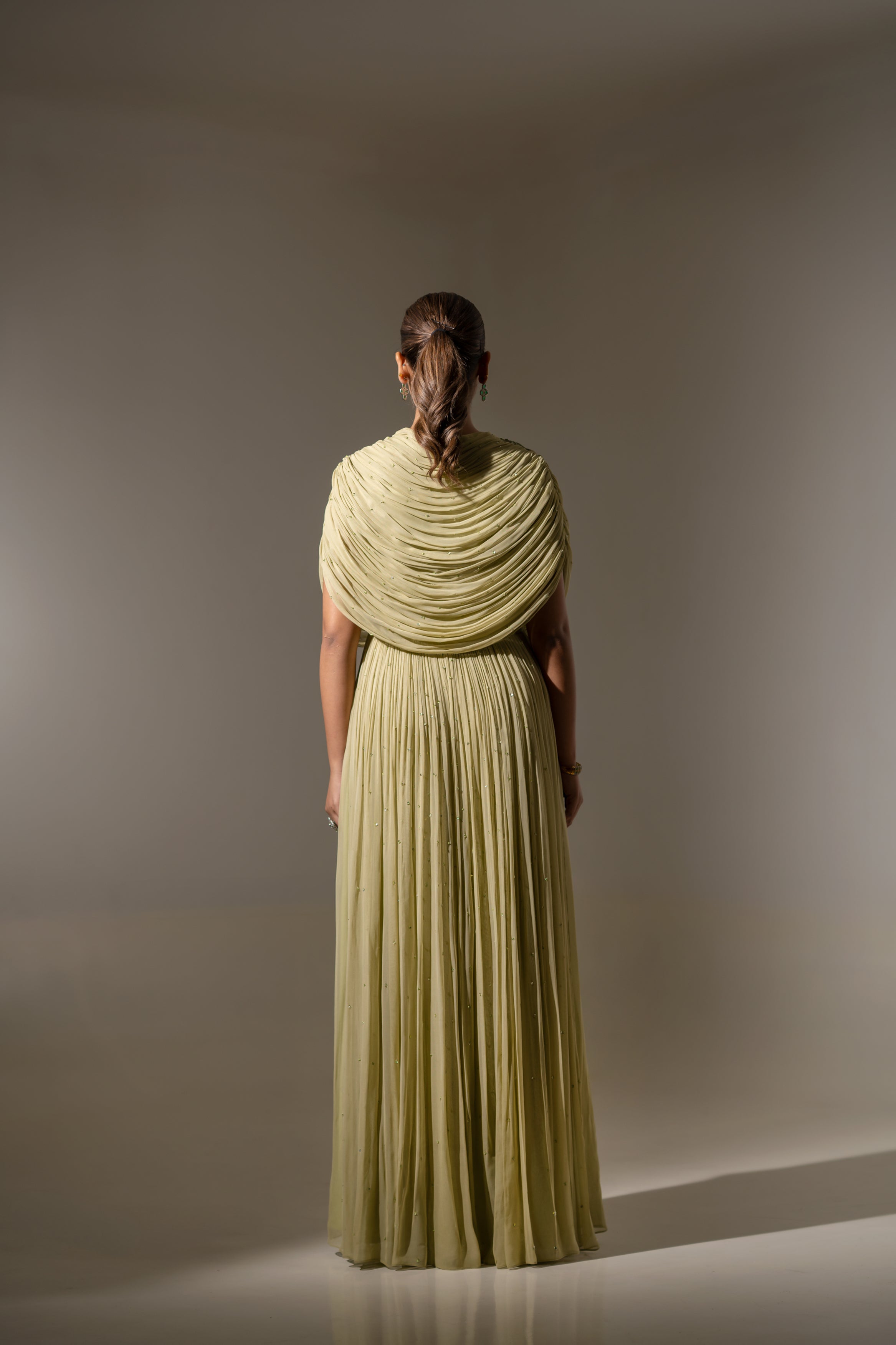 EMBROIDERED DRAPED PLEATED GOWN