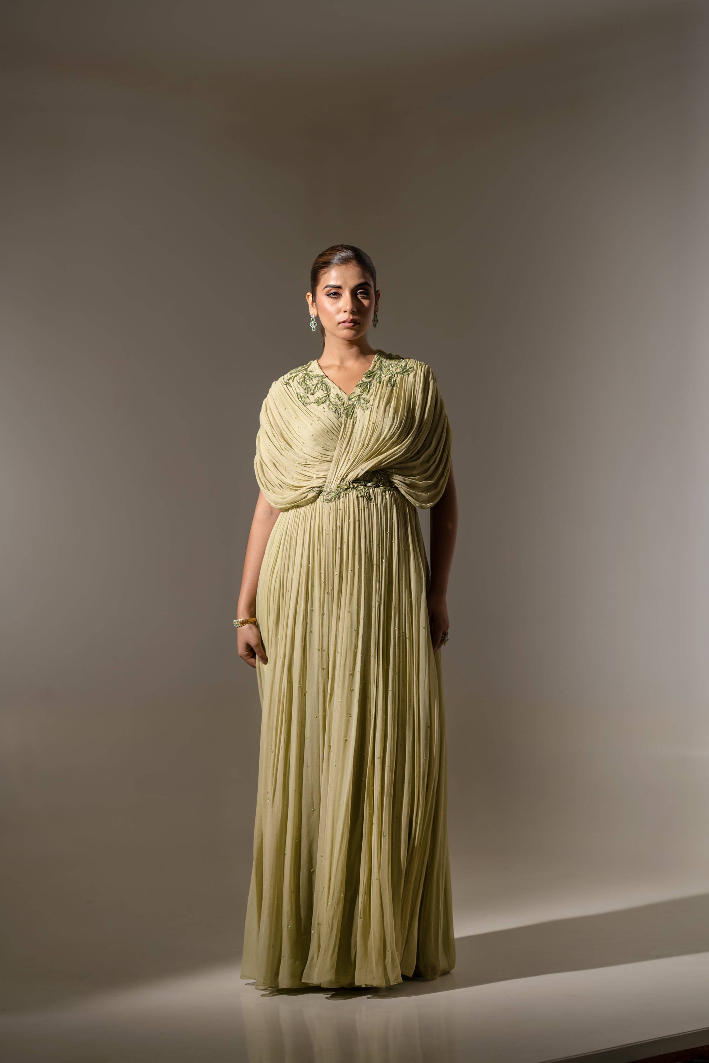 EMBROIDERED DRAPED PLEATED GOWN