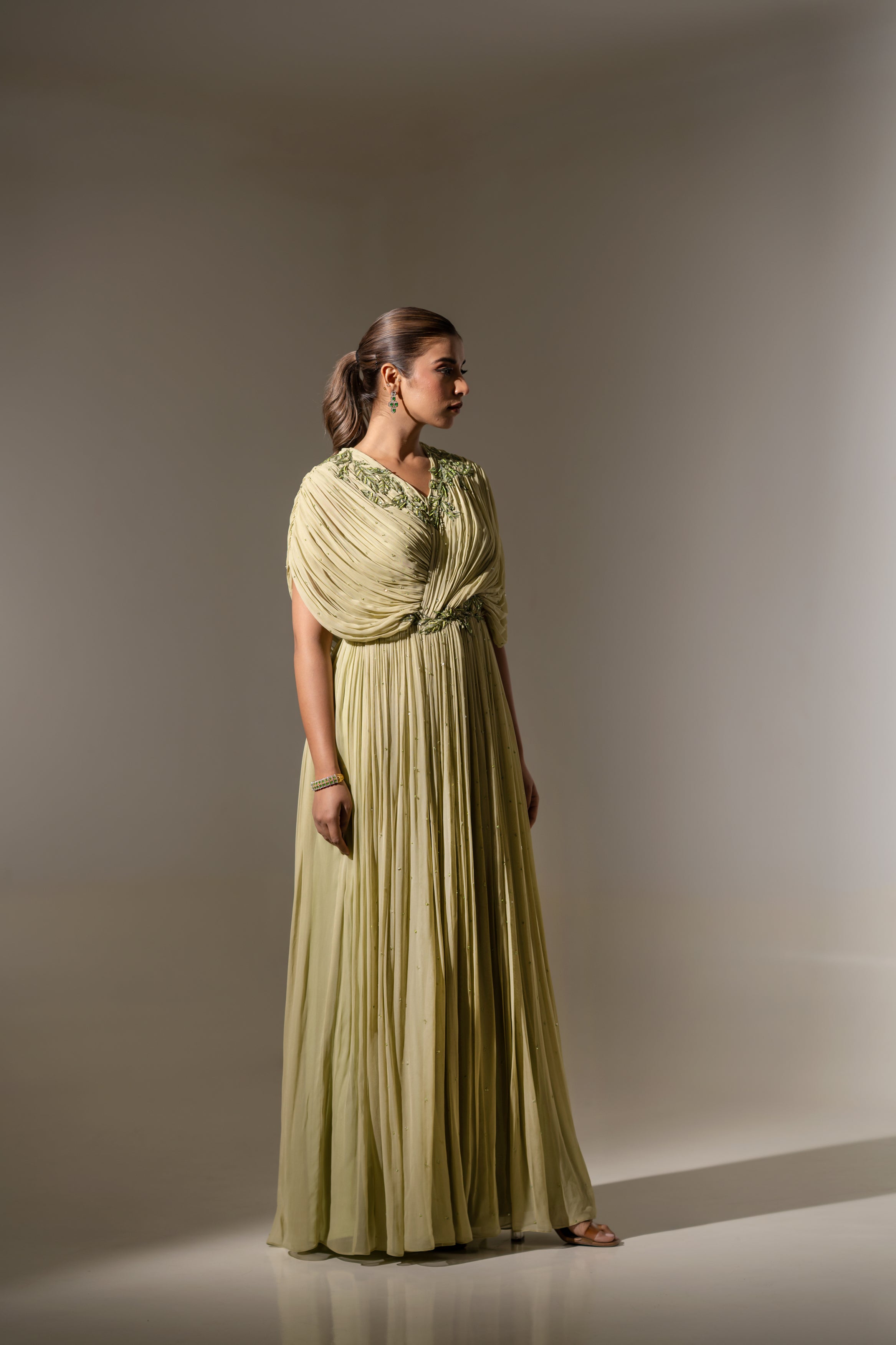 EMBROIDERED DRAPED PLEATED GOWN