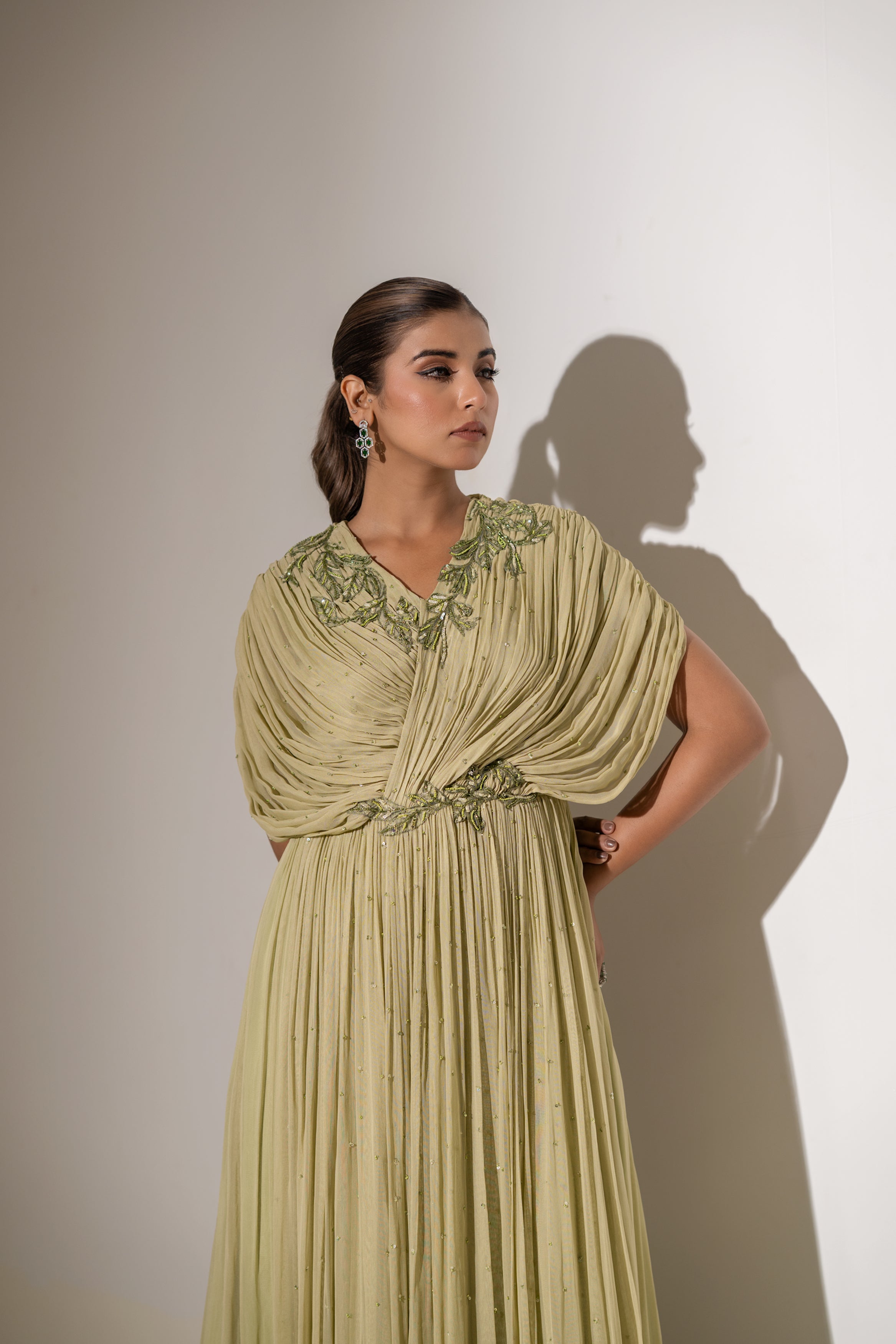 EMBROIDERED DRAPED PLEATED GOWN