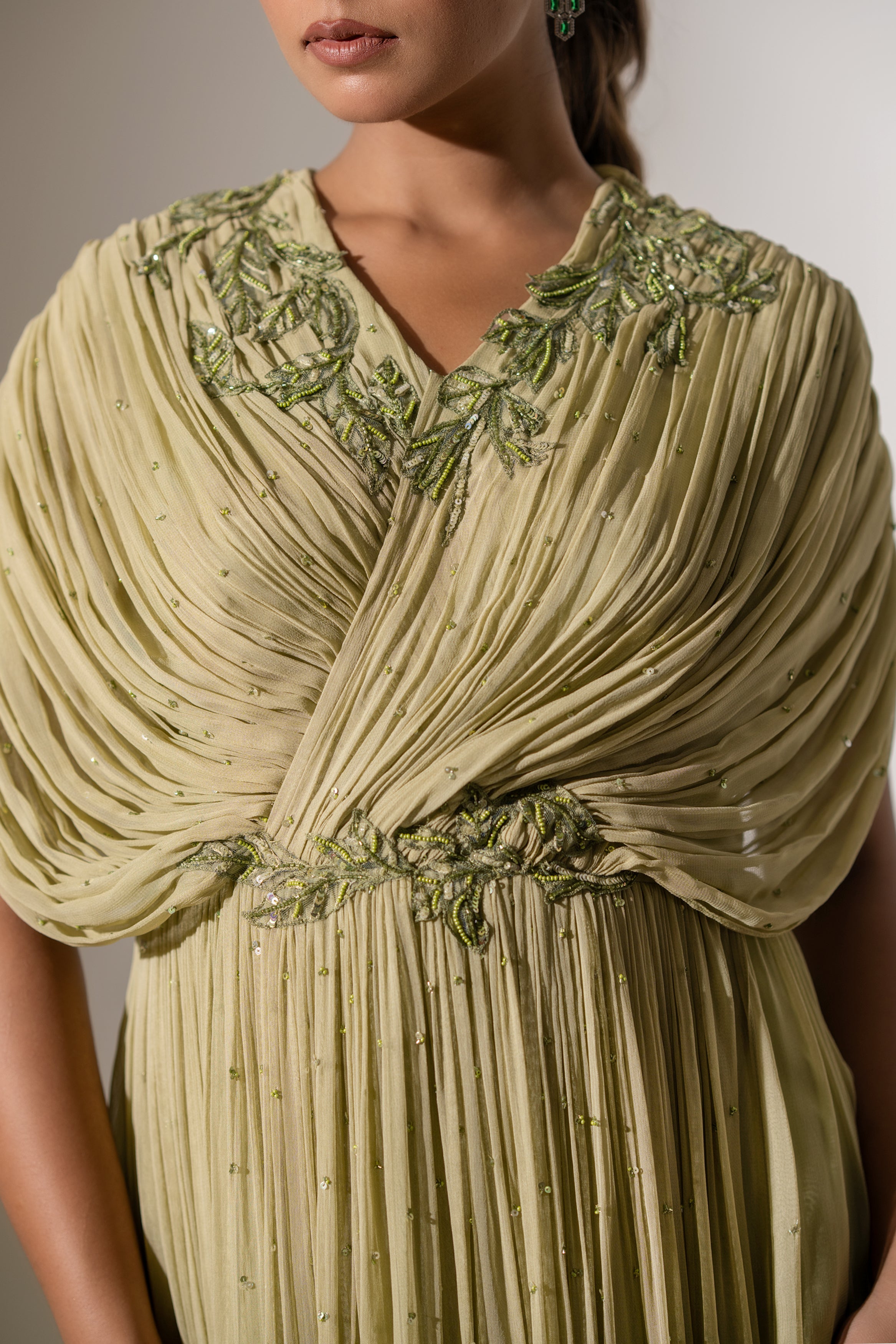 EMBROIDERED DRAPED PLEATED GOWN