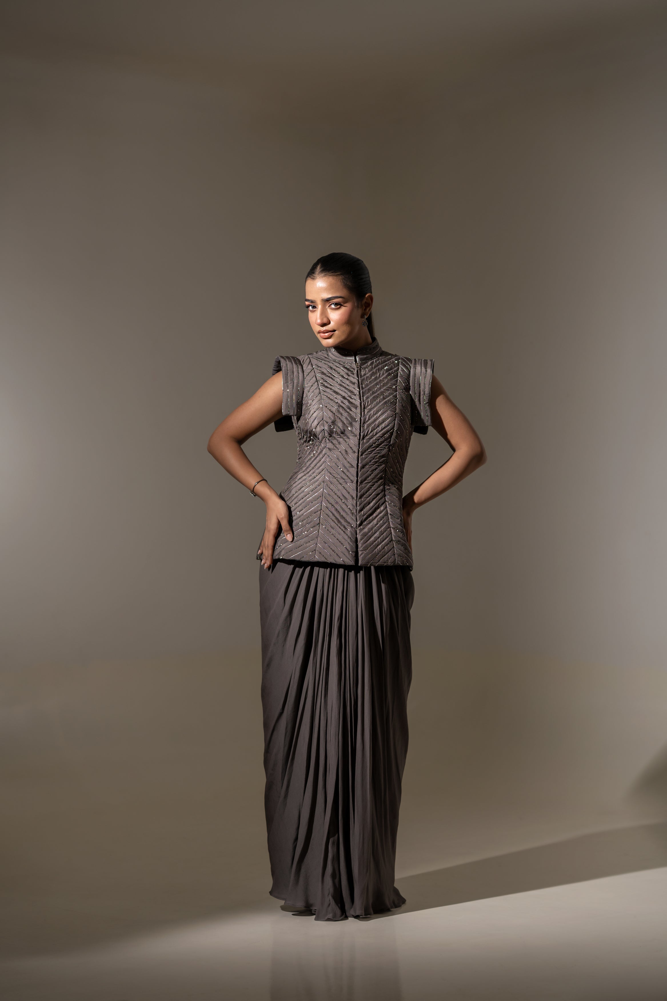 EMBROIDERED STRUCTURED JACKET WITH PLEATED SKIRT