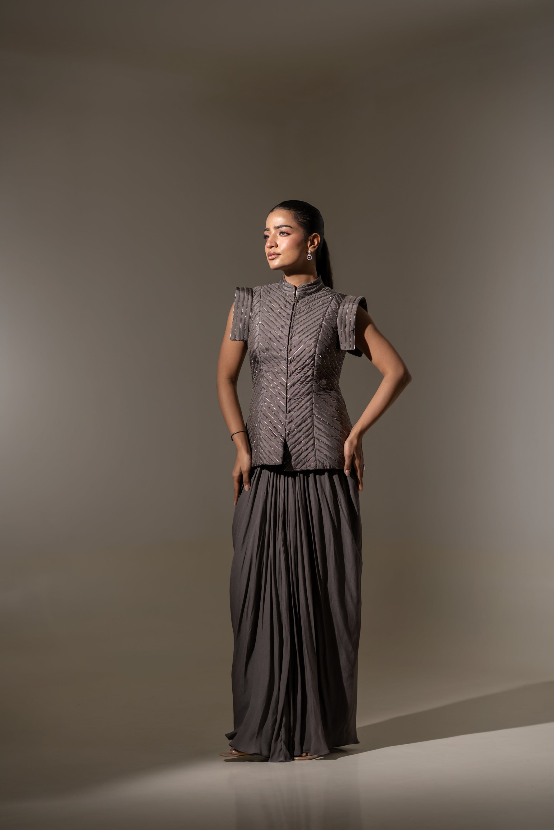 EMBROIDERED STRUCTURED JACKET WITH PLEATED SKIRT