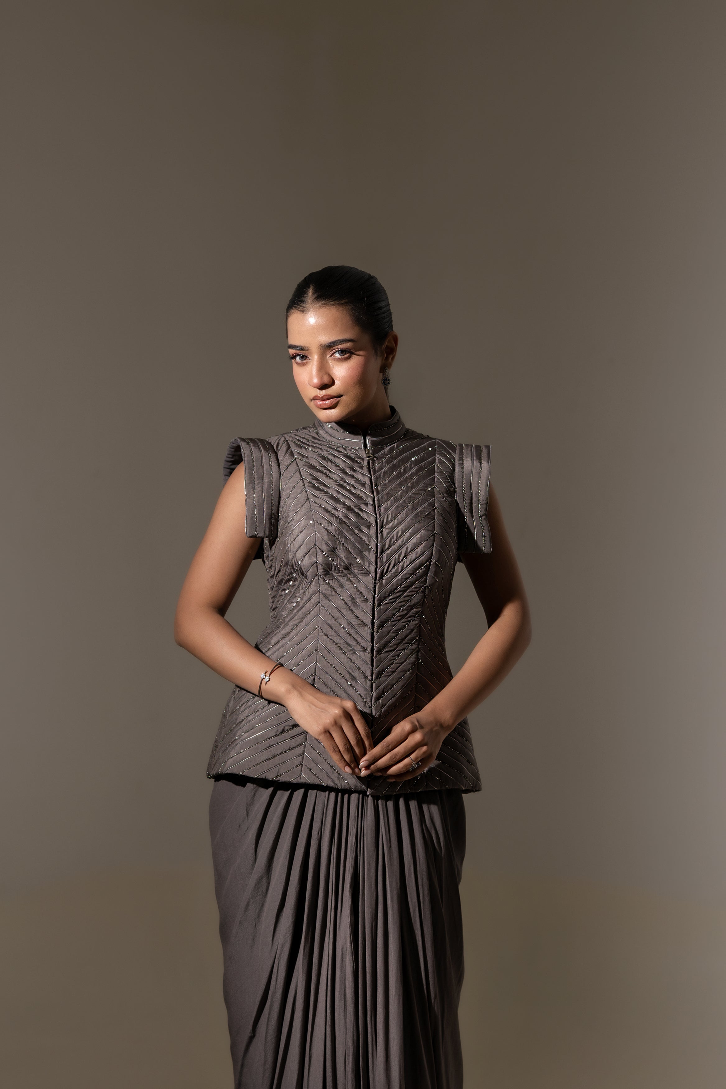 EMBROIDERED STRUCTURED JACKET WITH PLEATED SKIRT