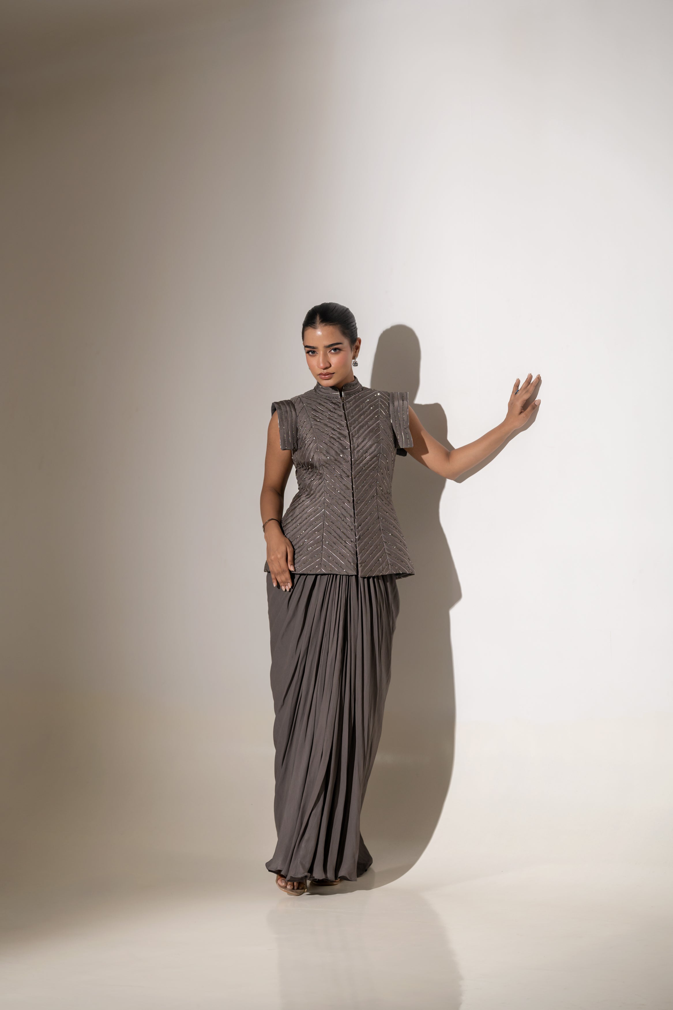 EMBROIDERED STRUCTURED JACKET WITH PLEATED SKIRT