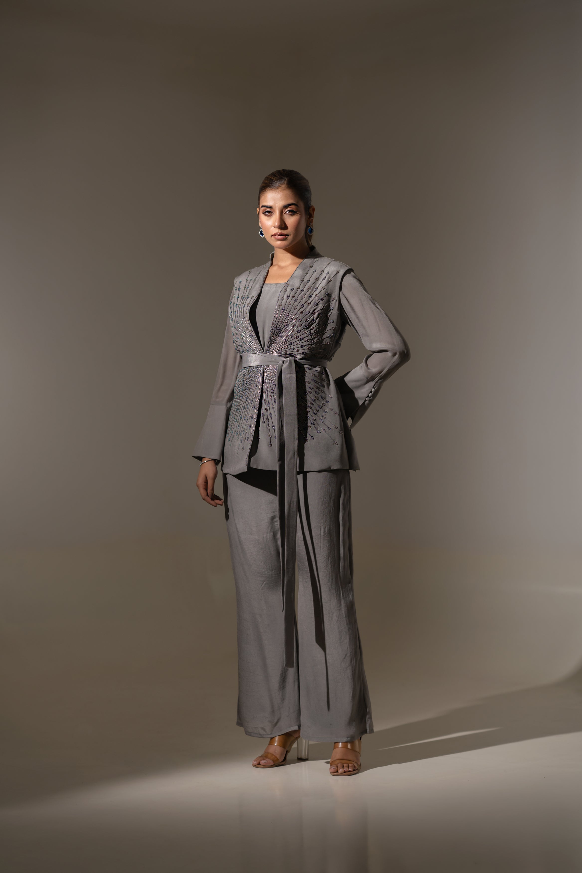 ELEGANT JACKET TOP WITH BELT & MATCHING PANTS.