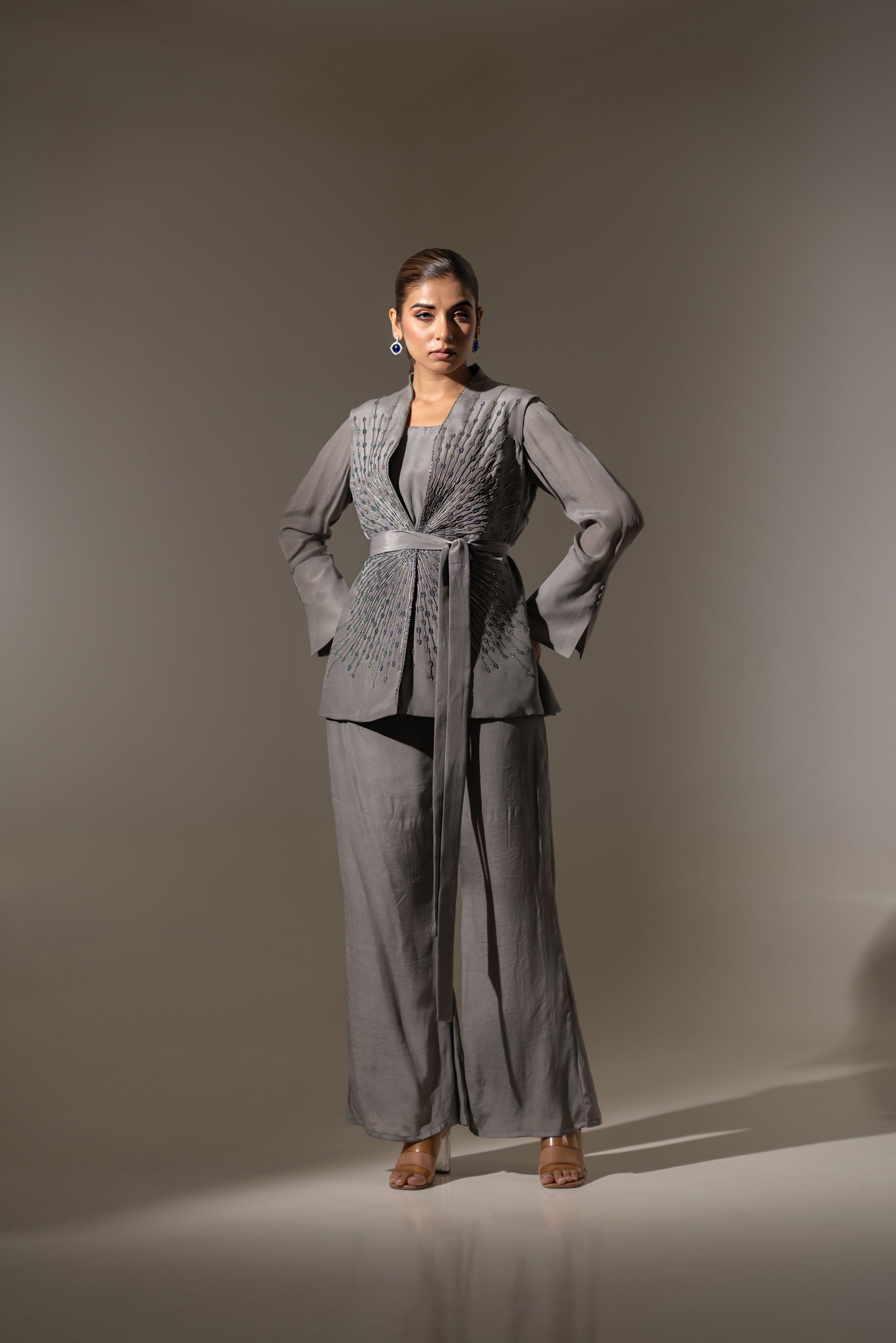 ELEGANT JACKET TOP WITH BELT & MATCHING PANTS.