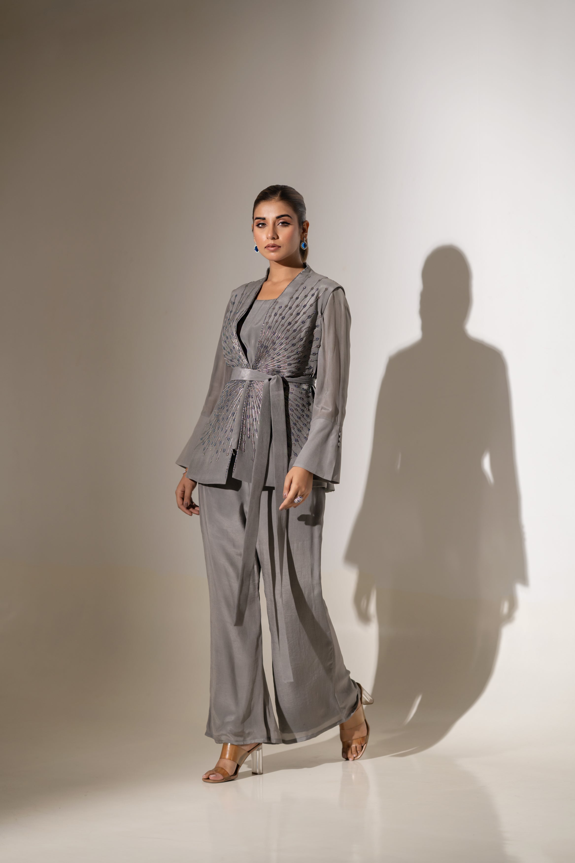 ELEGANT JACKET TOP WITH BELT & MATCHING PANTS.