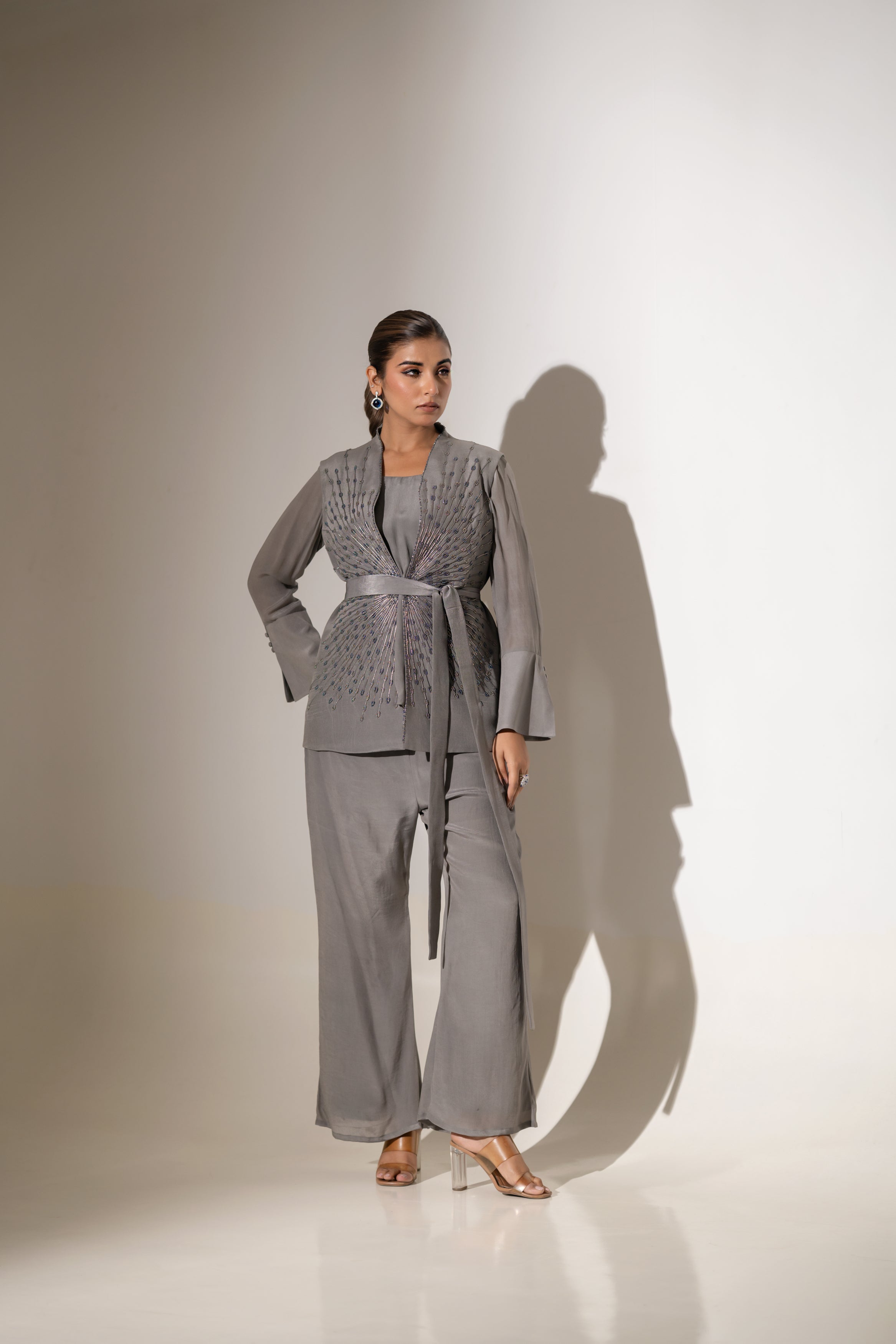 ELEGANT JACKET TOP WITH BELT & MATCHING PANTS.