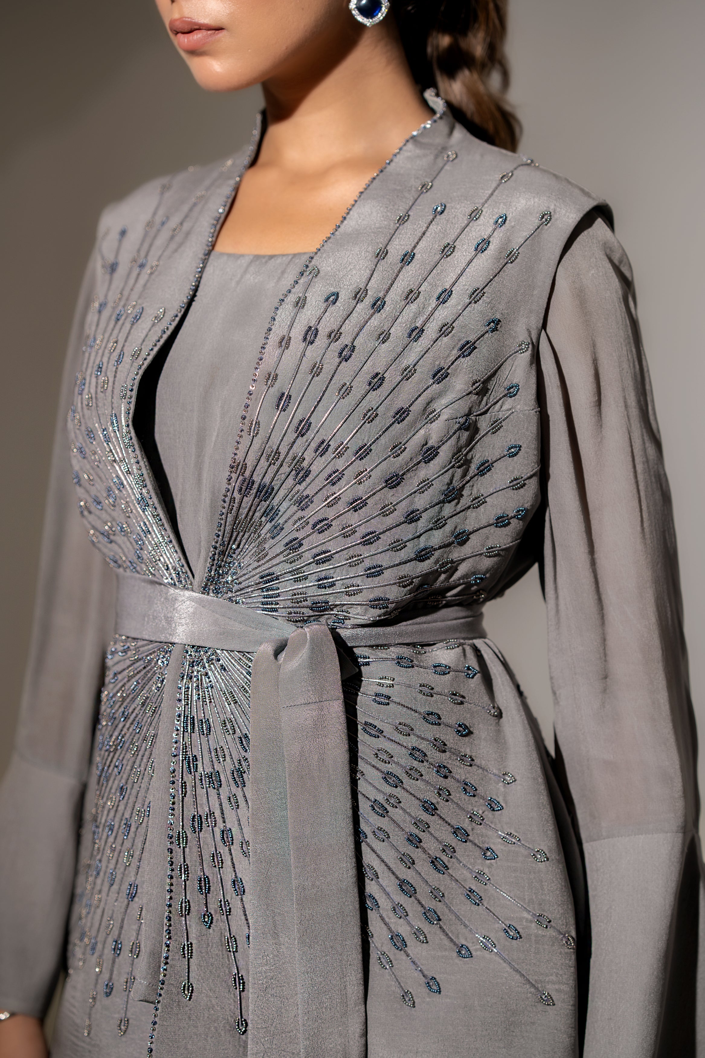 EMBROIDERED JACKET TOP WITH BELT & MATCHING PANTS.
