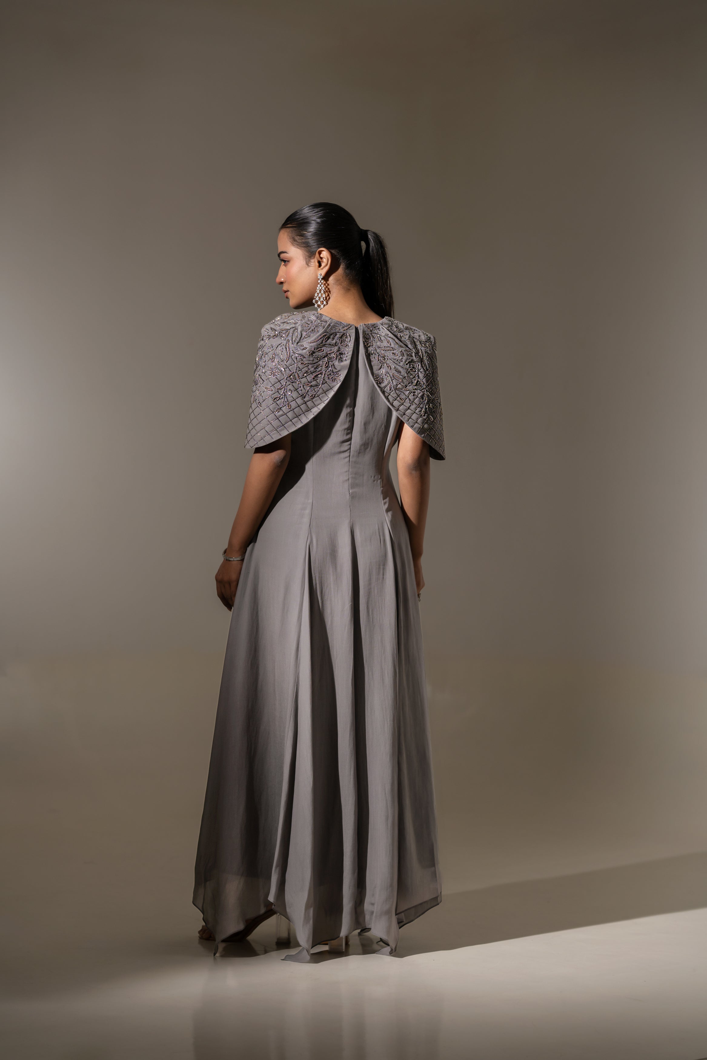 GREY EMBROIDERED CAPE  SLEEVE  GOWN
