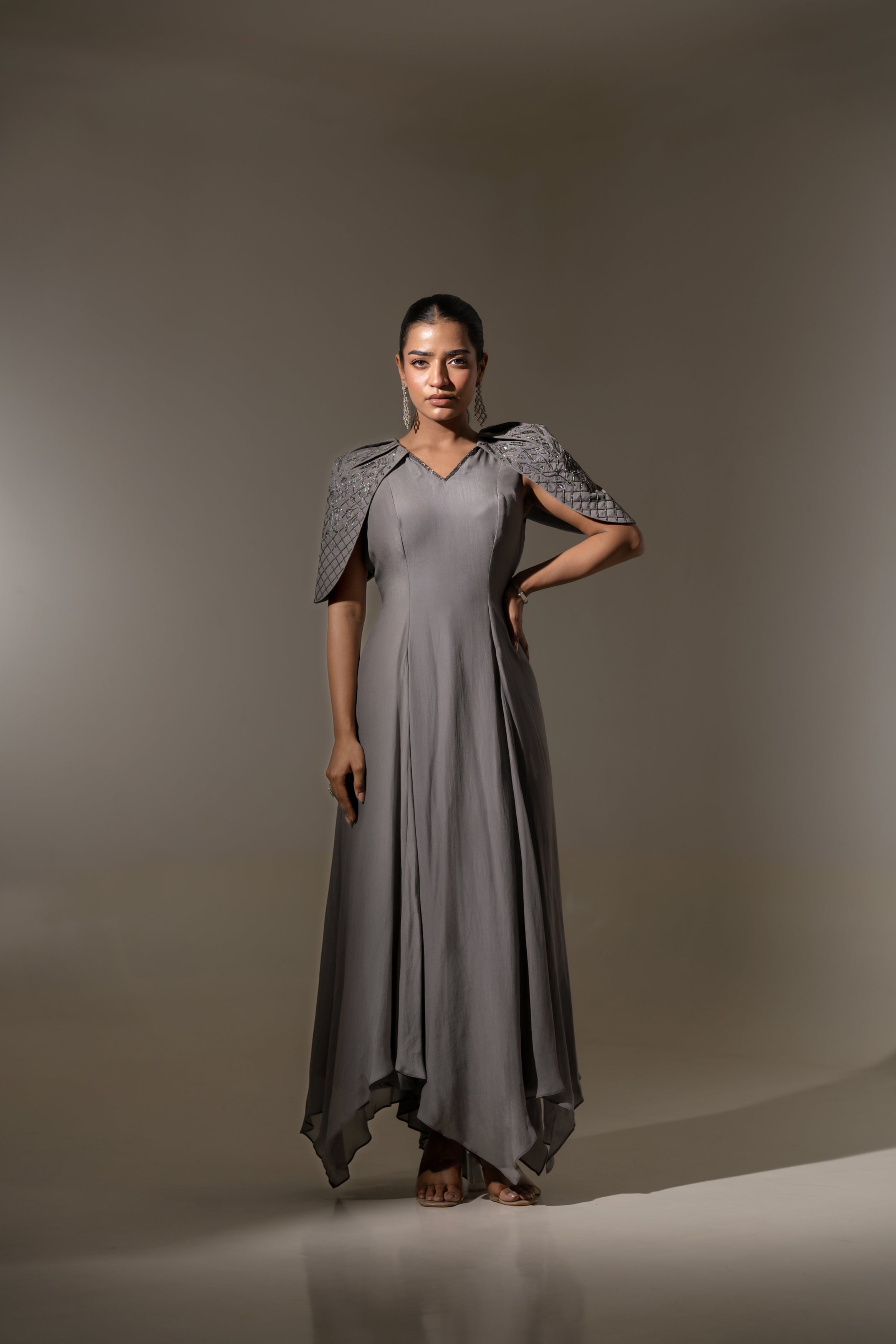 GREY EMBROIDERED CAPE  SLEEVE  GOWN