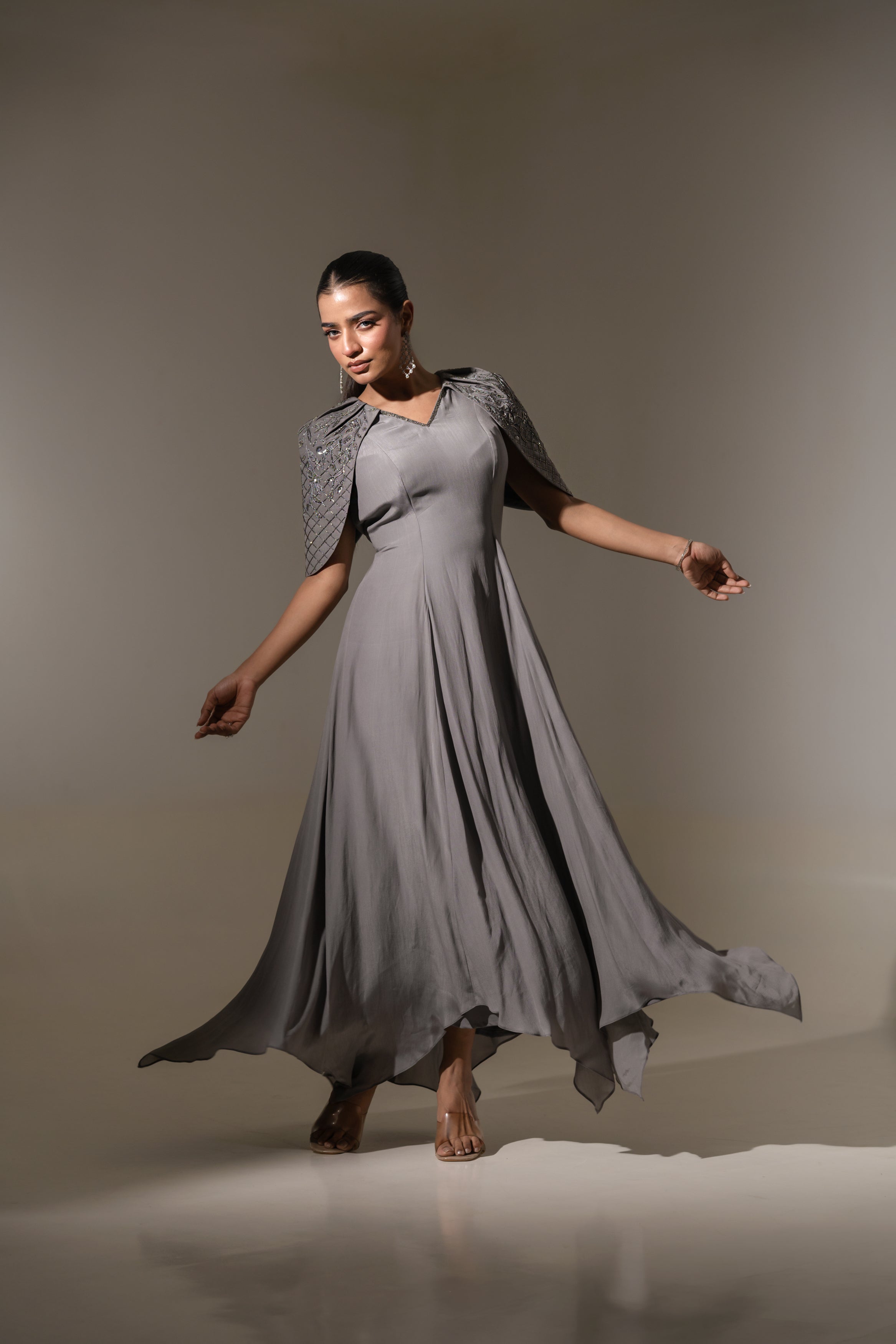 GREY EMBROIDERED CAPE  SLEEVE  GOWN