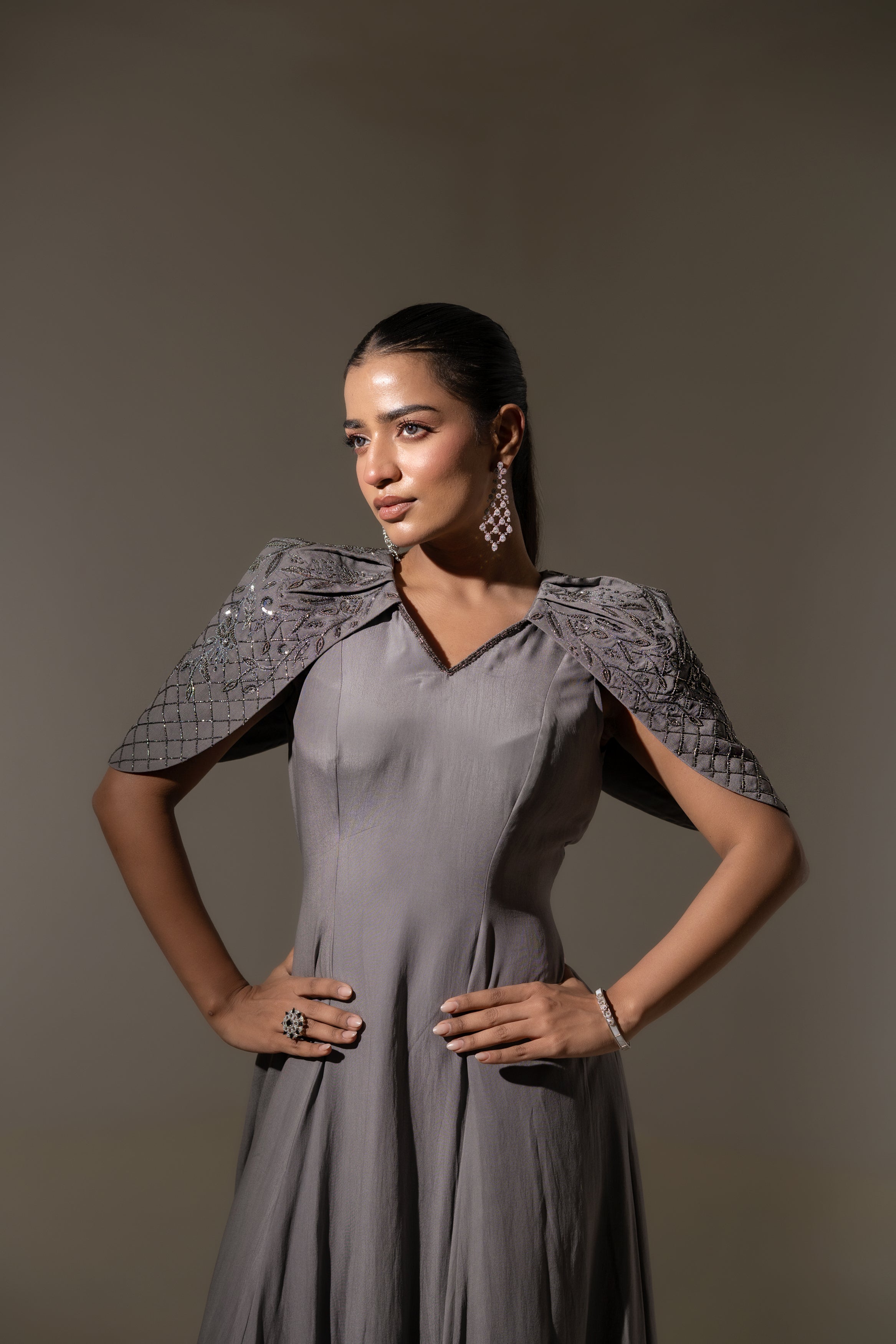 GREY EMBROIDERED CAPE  SLEEVE  GOWN