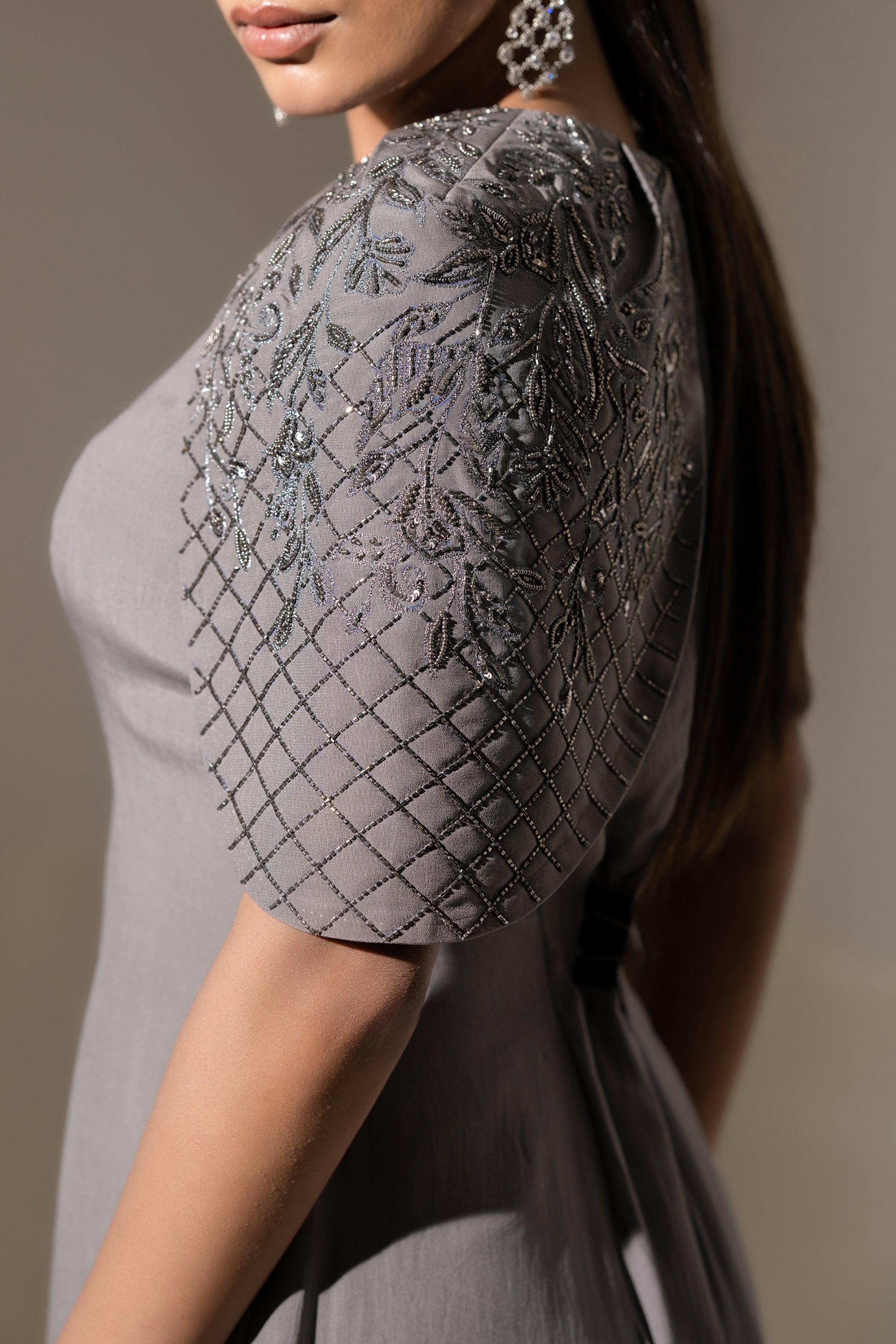 GREY EMBROIDERED CAPE  SLEEVE  GOWN
