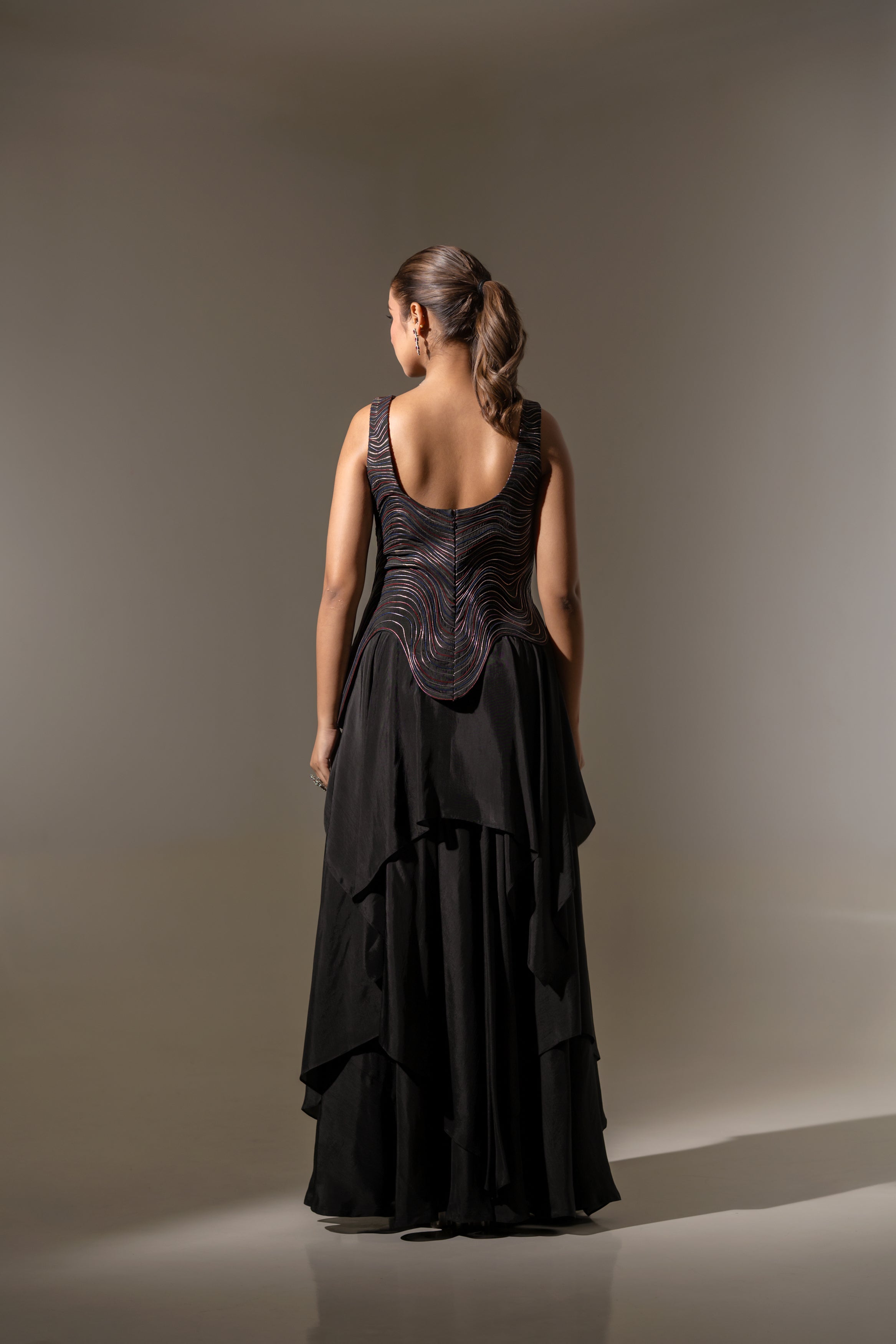 ELEGANT BLACK WAVE - EMBROIDERED TOP AND SKIRT SET.