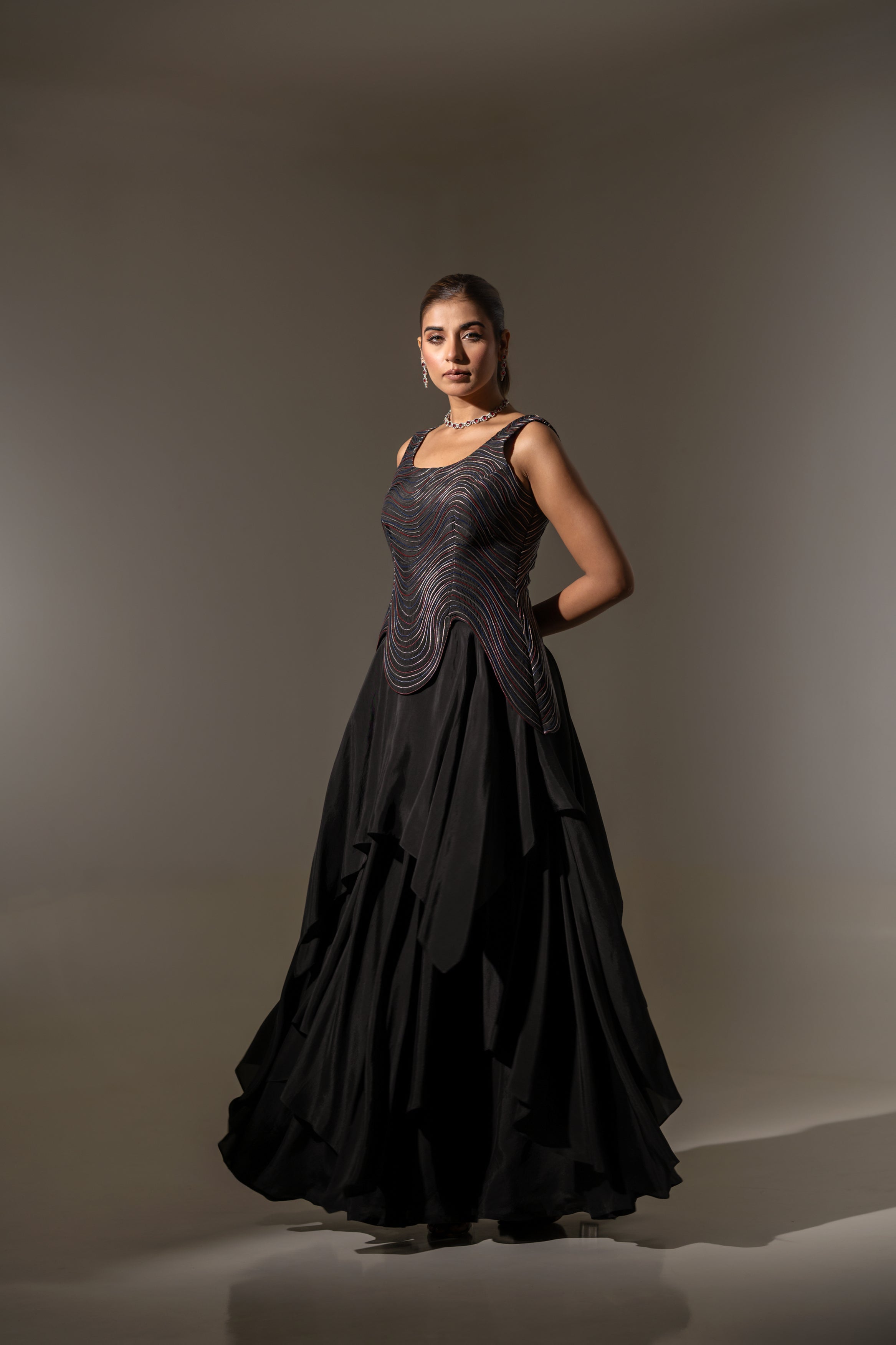 ELEGANT BLACK WAVE - EMBROIDERED TOP AND SKIRT SET.