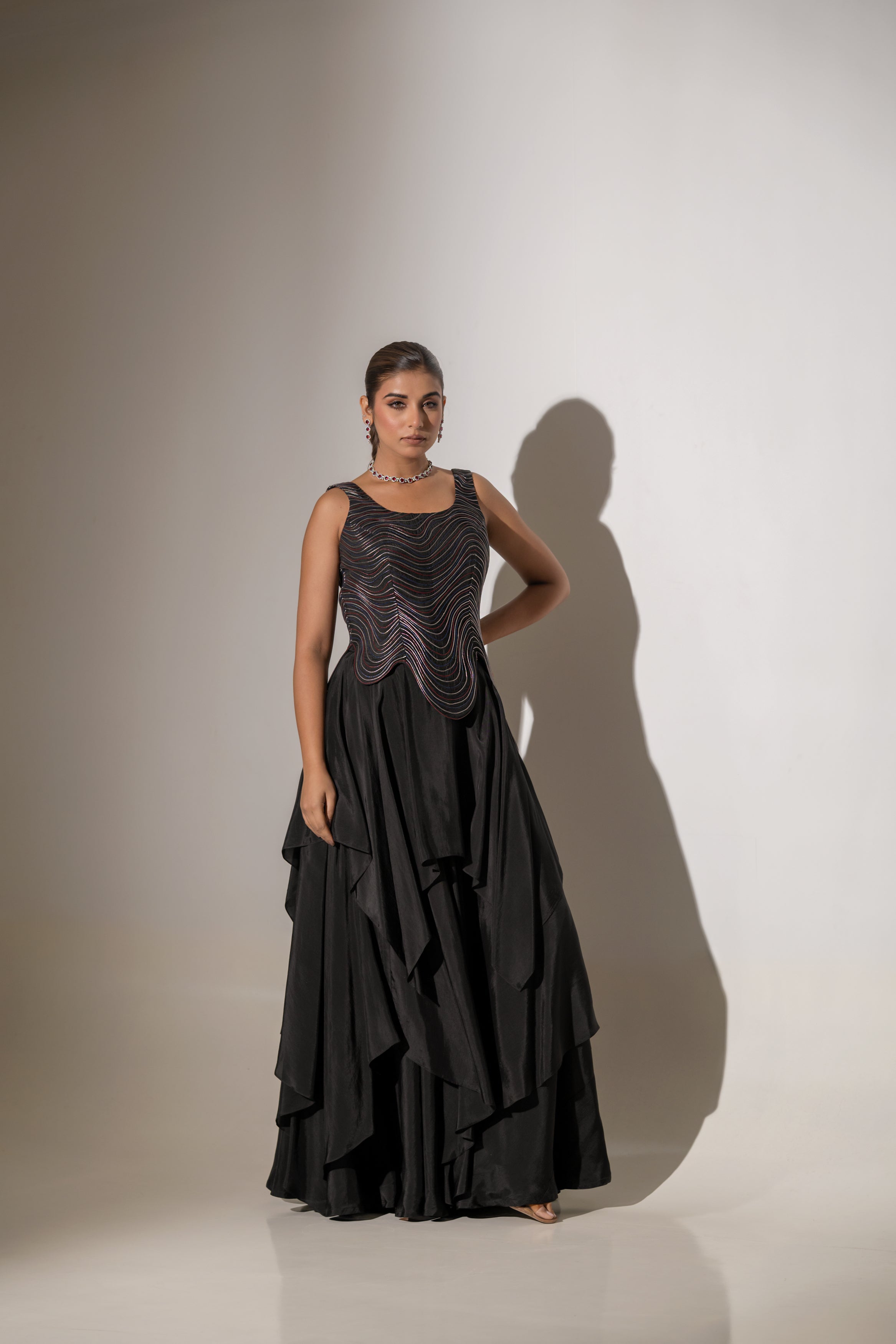 ELEGANT BLACK WAVE - EMBROIDERED TOP AND SKIRT SET.