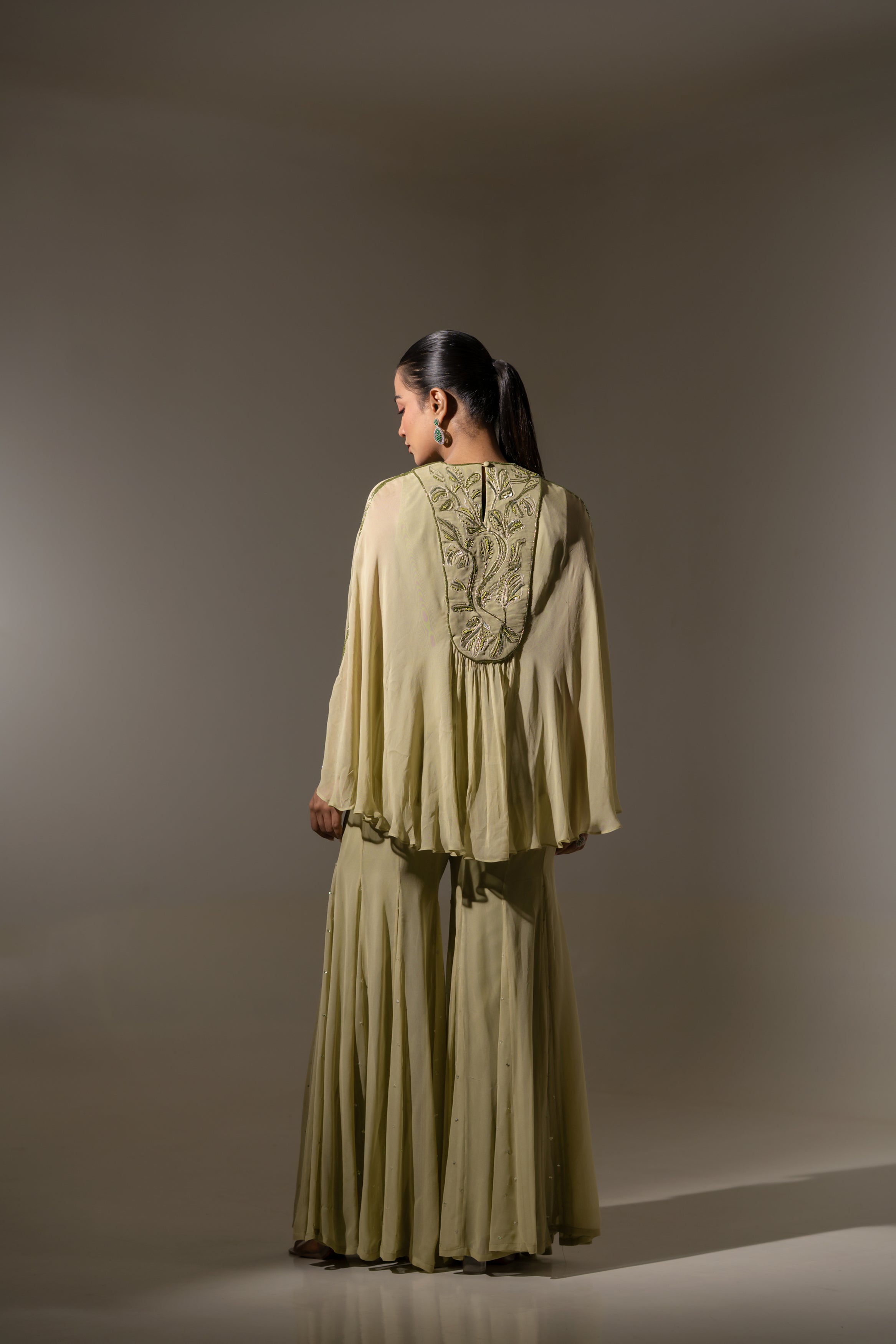 PISTA GREEN EMBROIDERED CAPE TOP WITH FLOWY SHARARA SET
