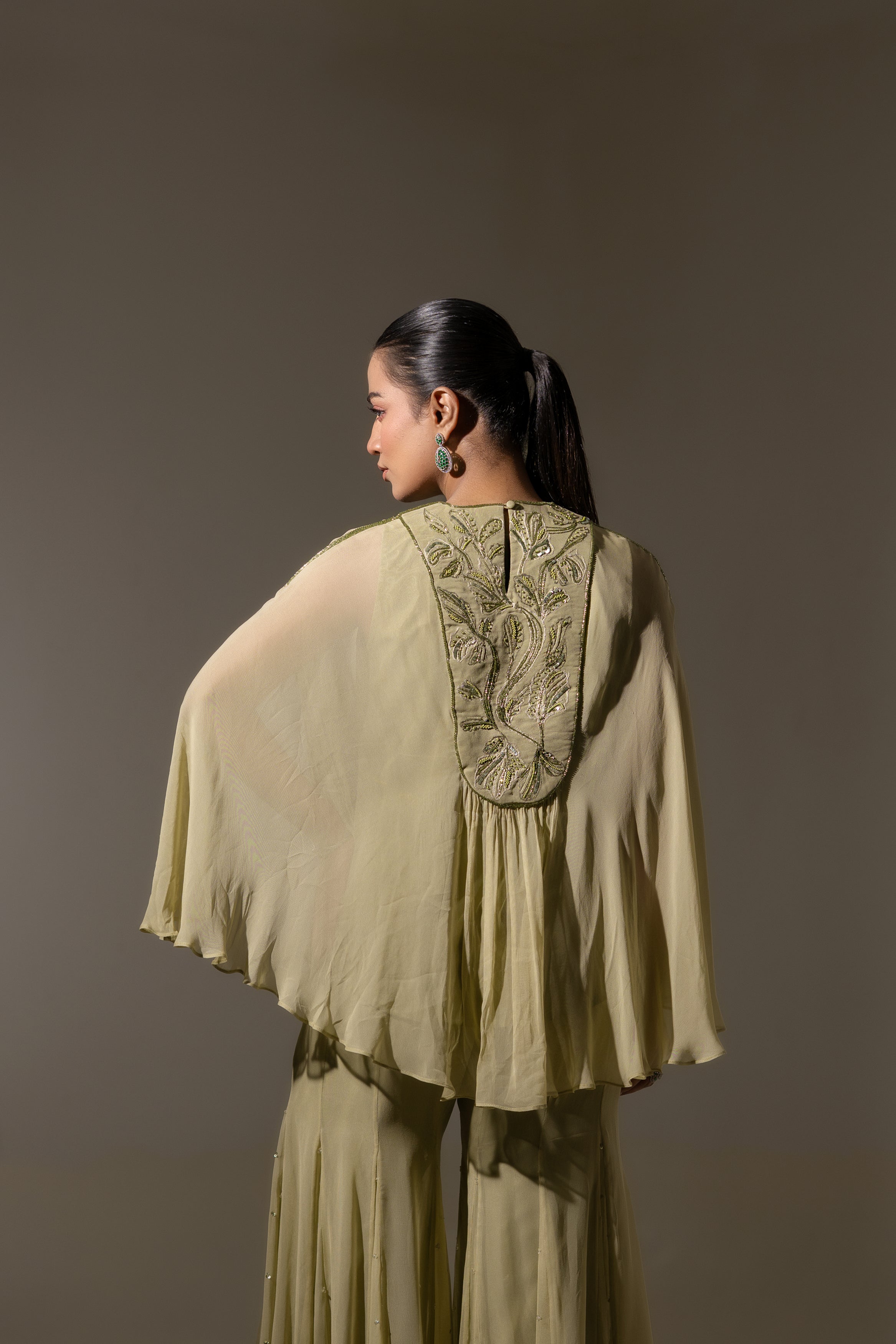 PISTA GREEN EMBROIDERED CAPE TOP WITH FLOWY SHARARA SET