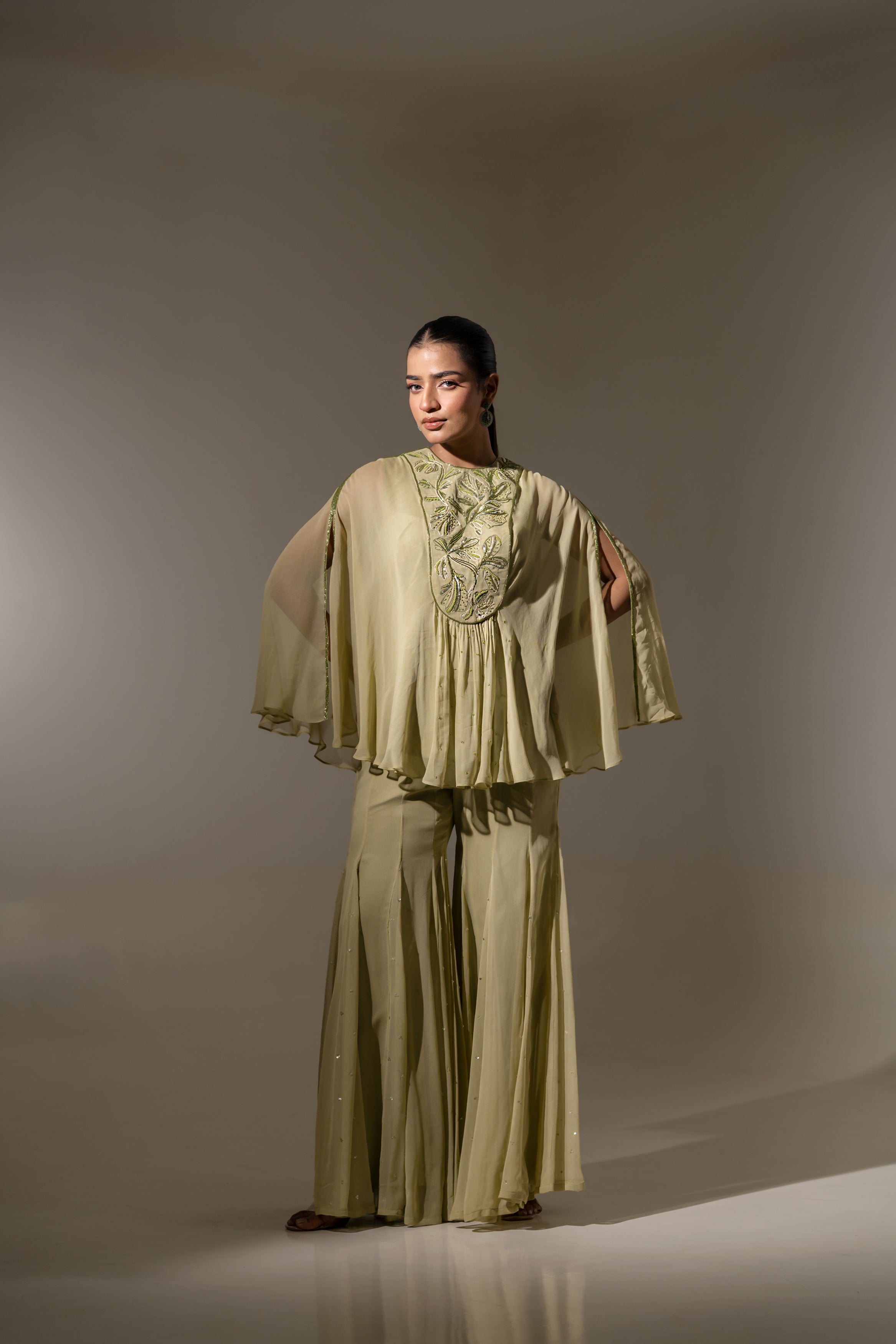 PISTA GREEN EMBROIDERED CAPE TOP WITH FLOWY SHARARA SET