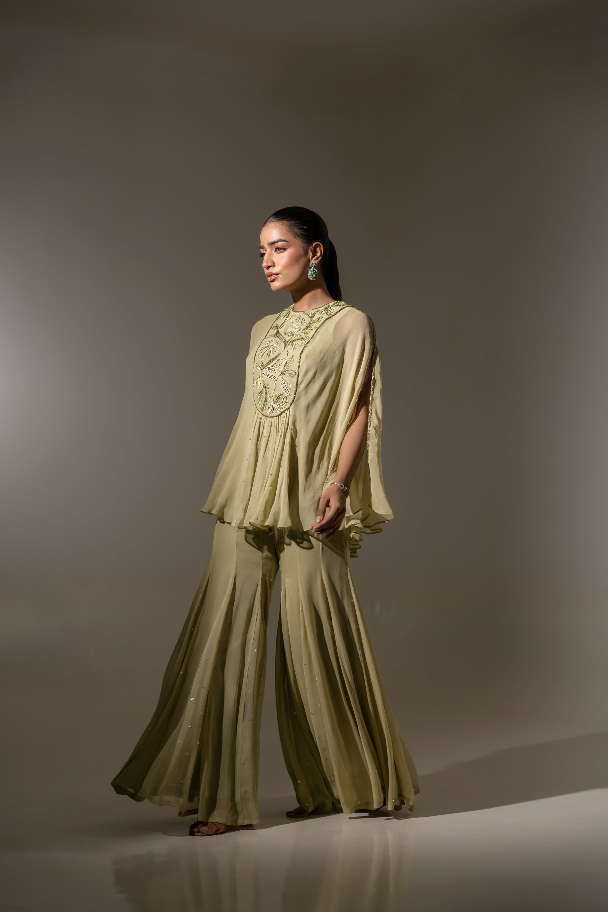 PISTA GREEN EMBROIDERED CAPE TOP WITH FLOWY SHARARA SET
