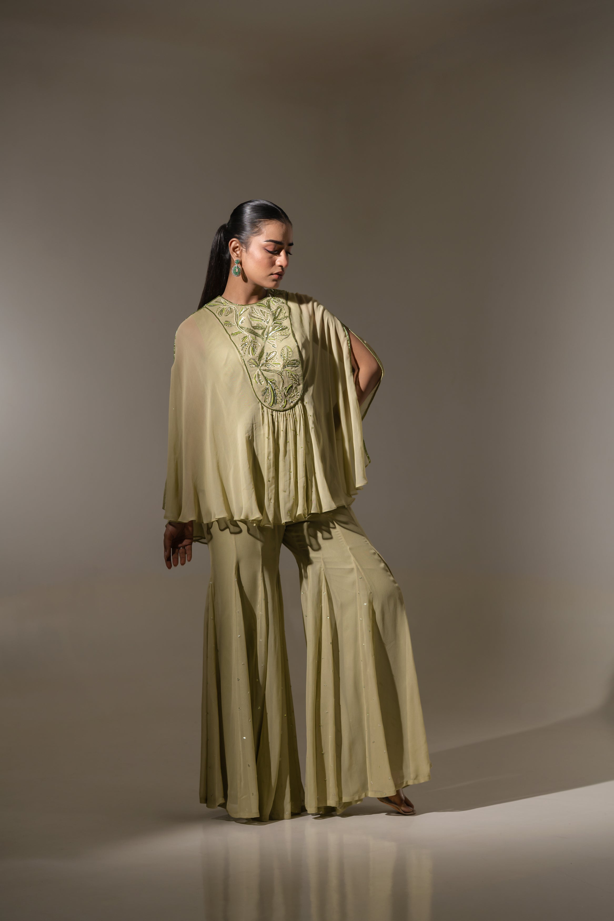 PISTA GREEN EMBROIDERED CAPE TOP WITH FLOWY SHARARA SET