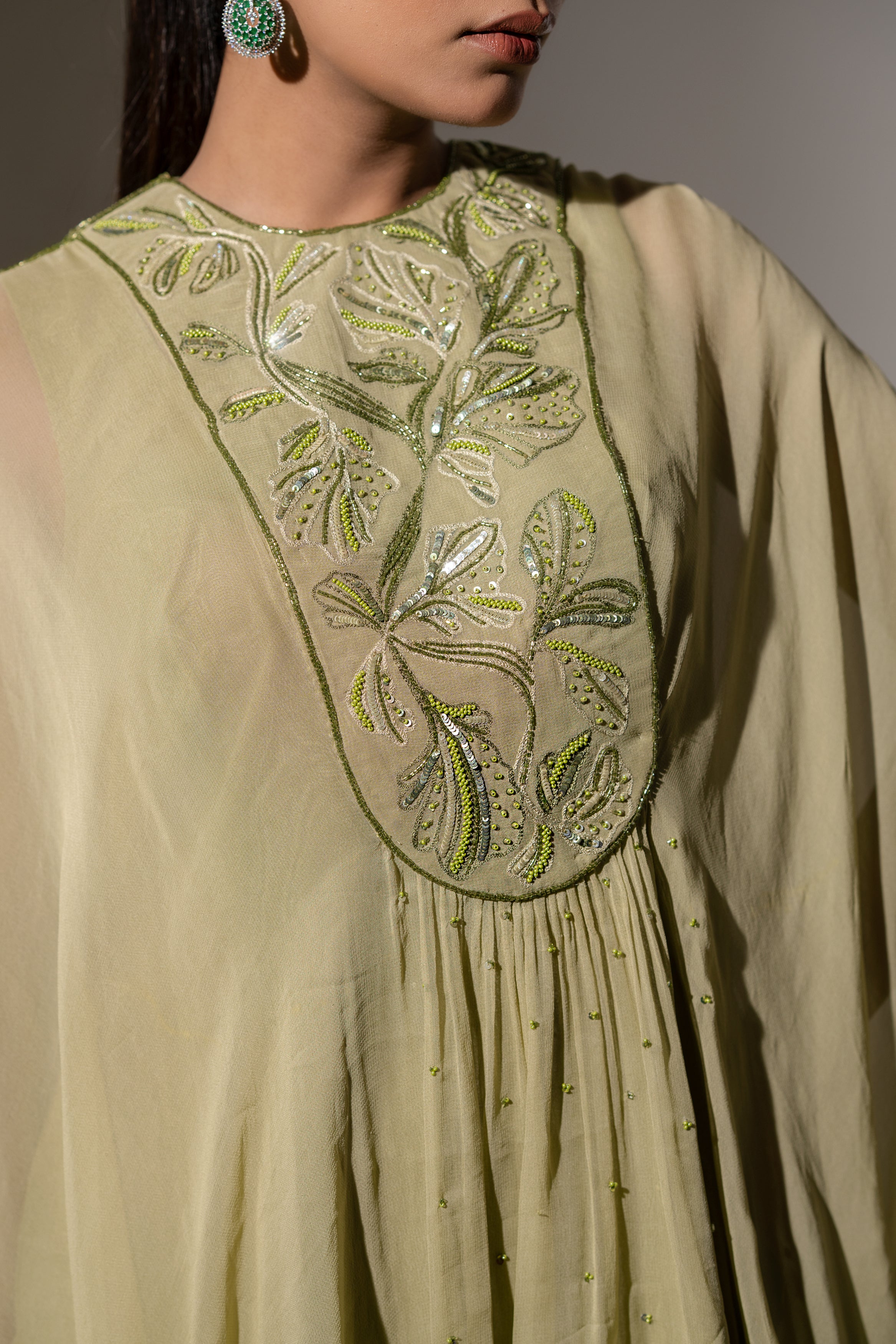 PISTA GREEN EMBROIDERED CAPE TOP WITH FLOWY SHARARA SET