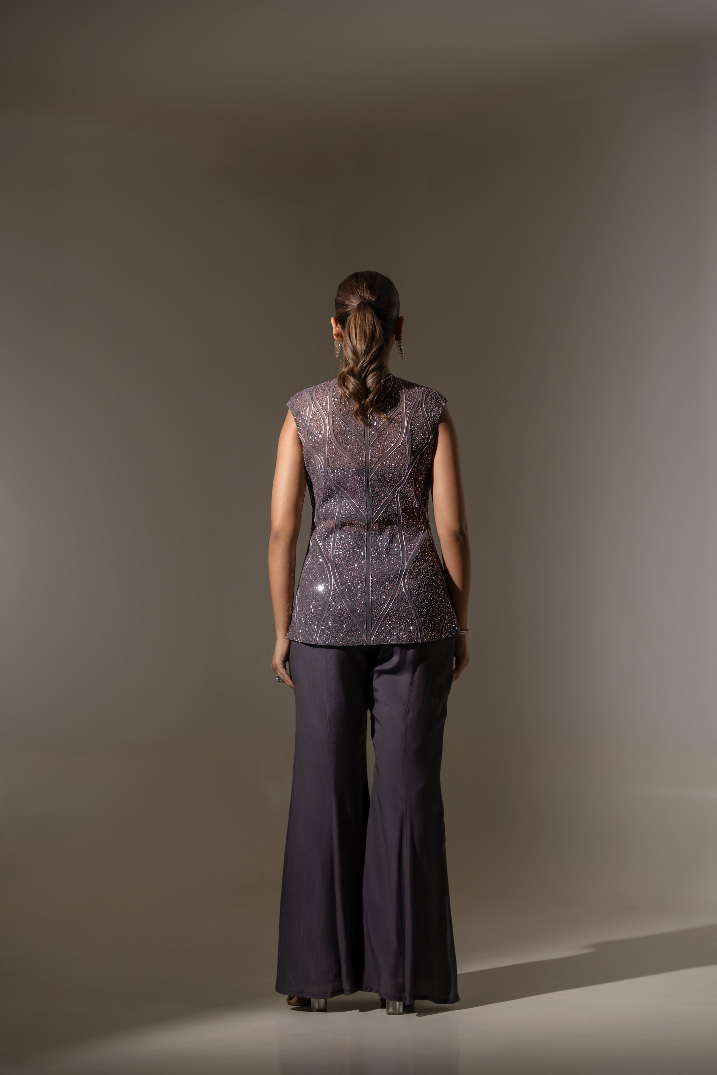 GREY EMBROIDERED JACKET WITH BUSTIER & PALAZZO