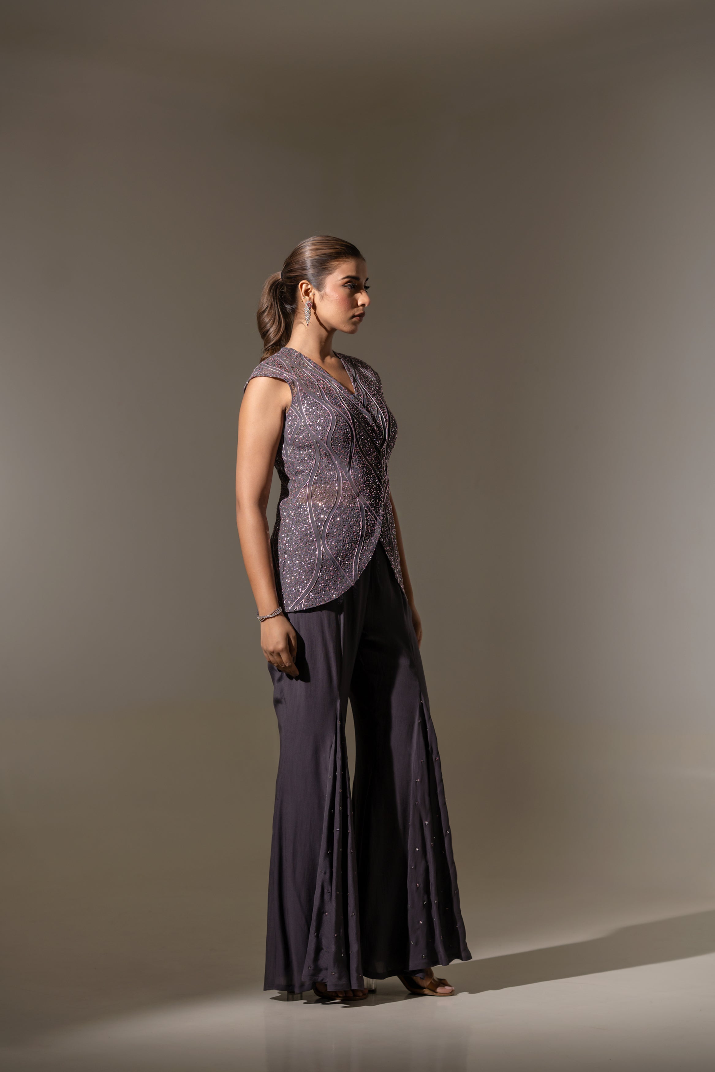 GREY EMBROIDERED JACKET WITH BUSTIER & PALAZZO