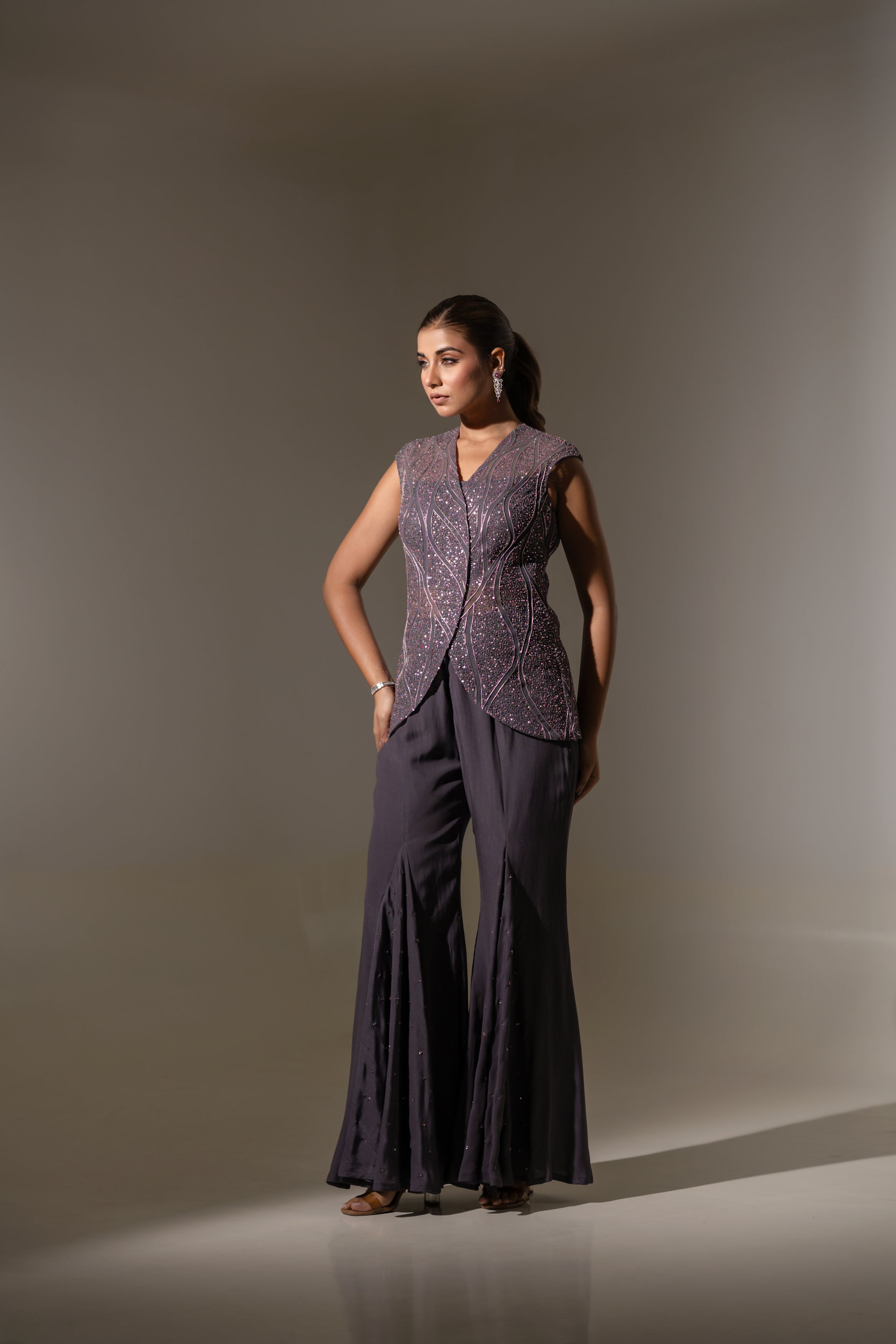 GREY EMBROIDERED JACKET WITH BUSTIER & PALAZZO
