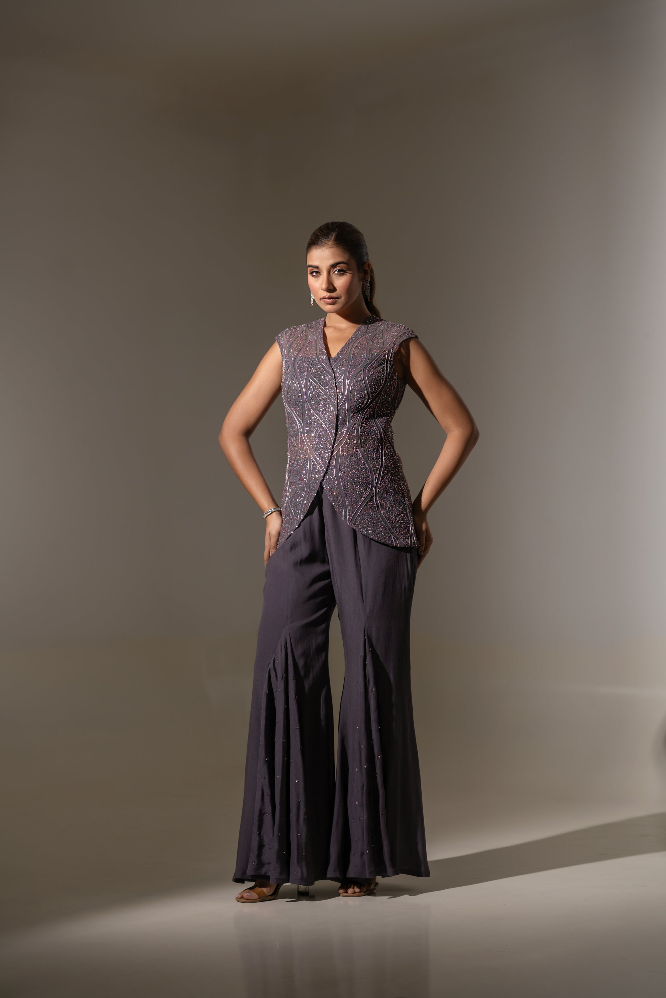 GREY EMBROIDERED JACKET WITH BUSTIER & PALAZZO