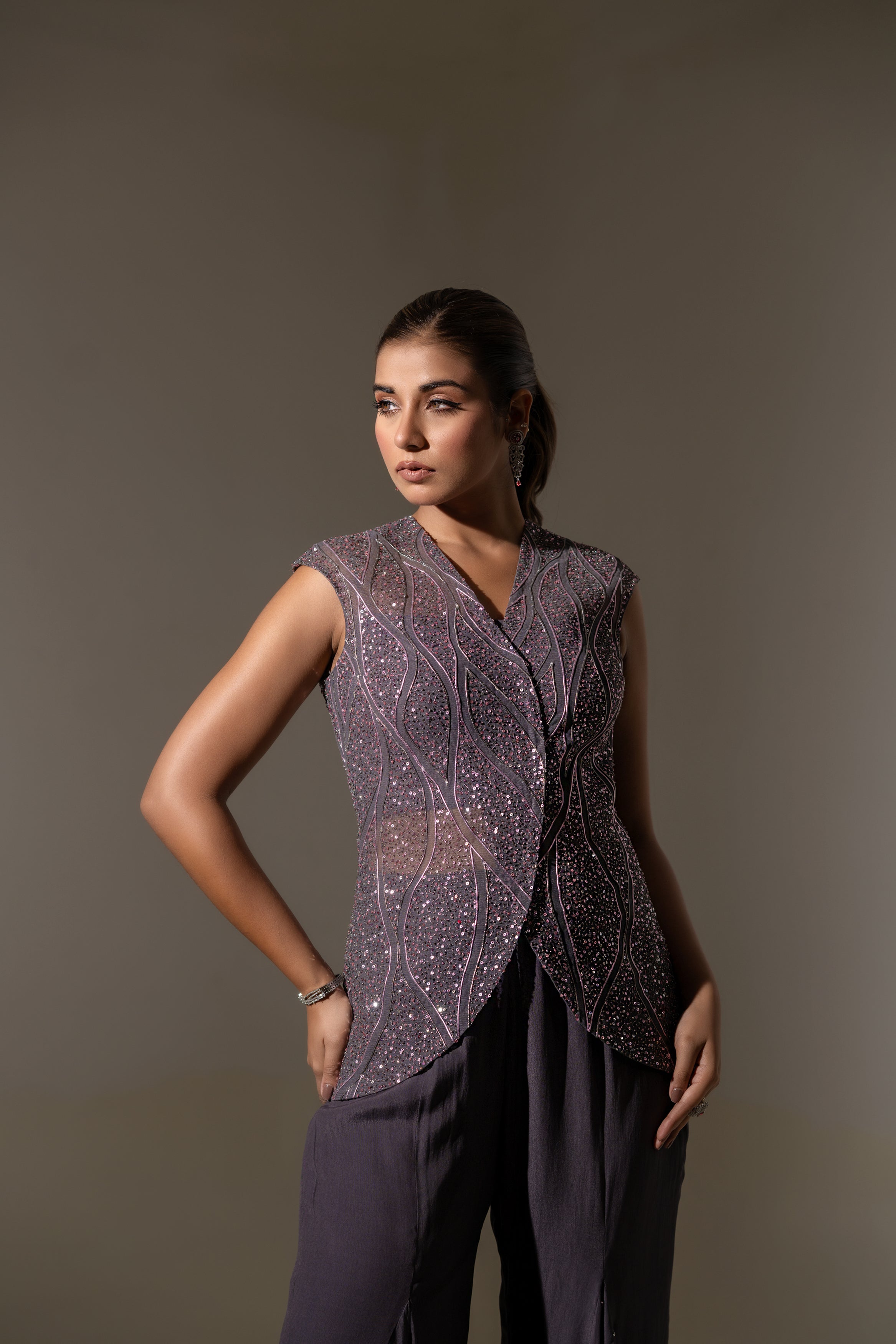 GREY EMBROIDERED JACKET WITH BUSTIER & PALAZZO