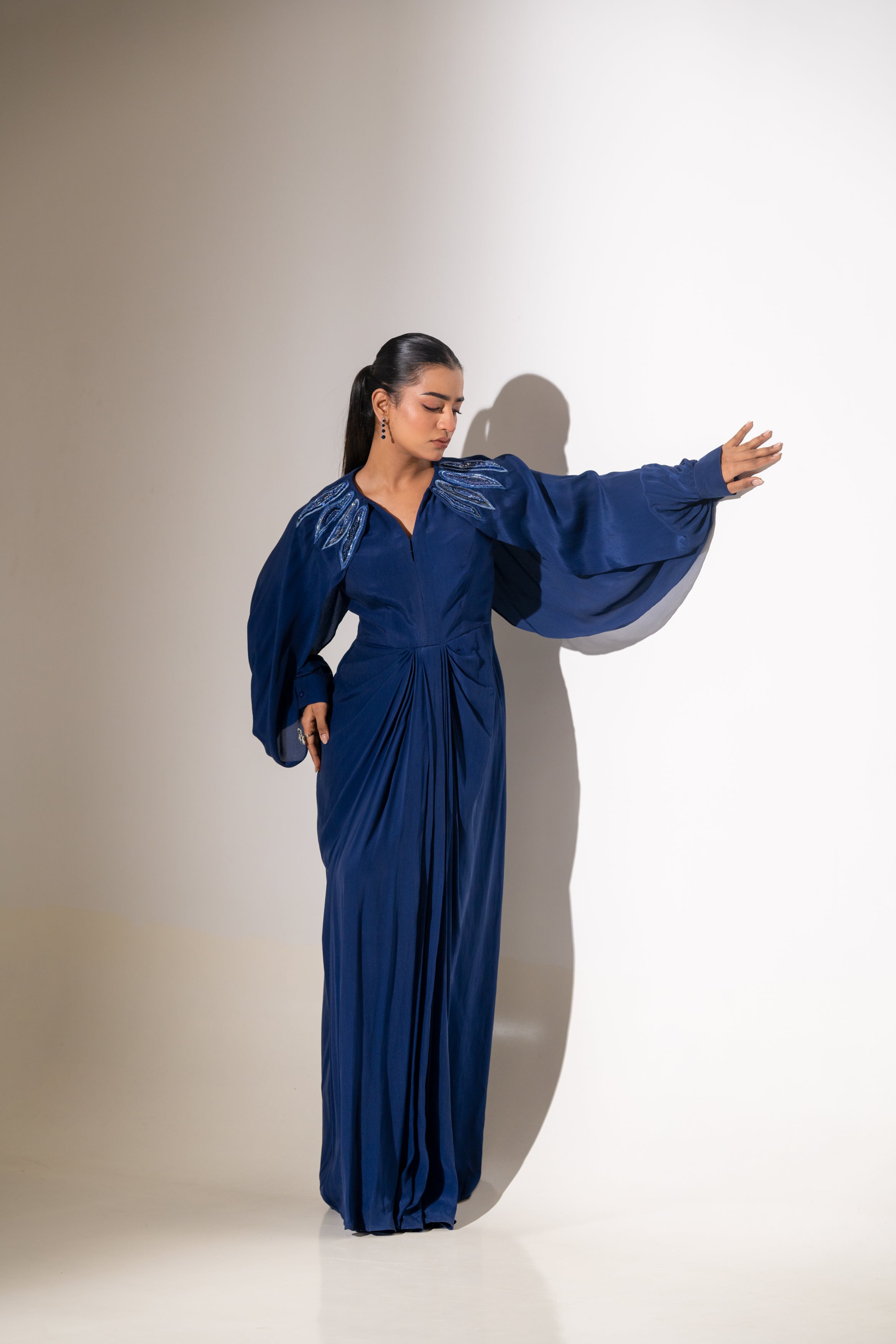 BLUE EMBELLISHED SHOULDER DRAPED GOWN