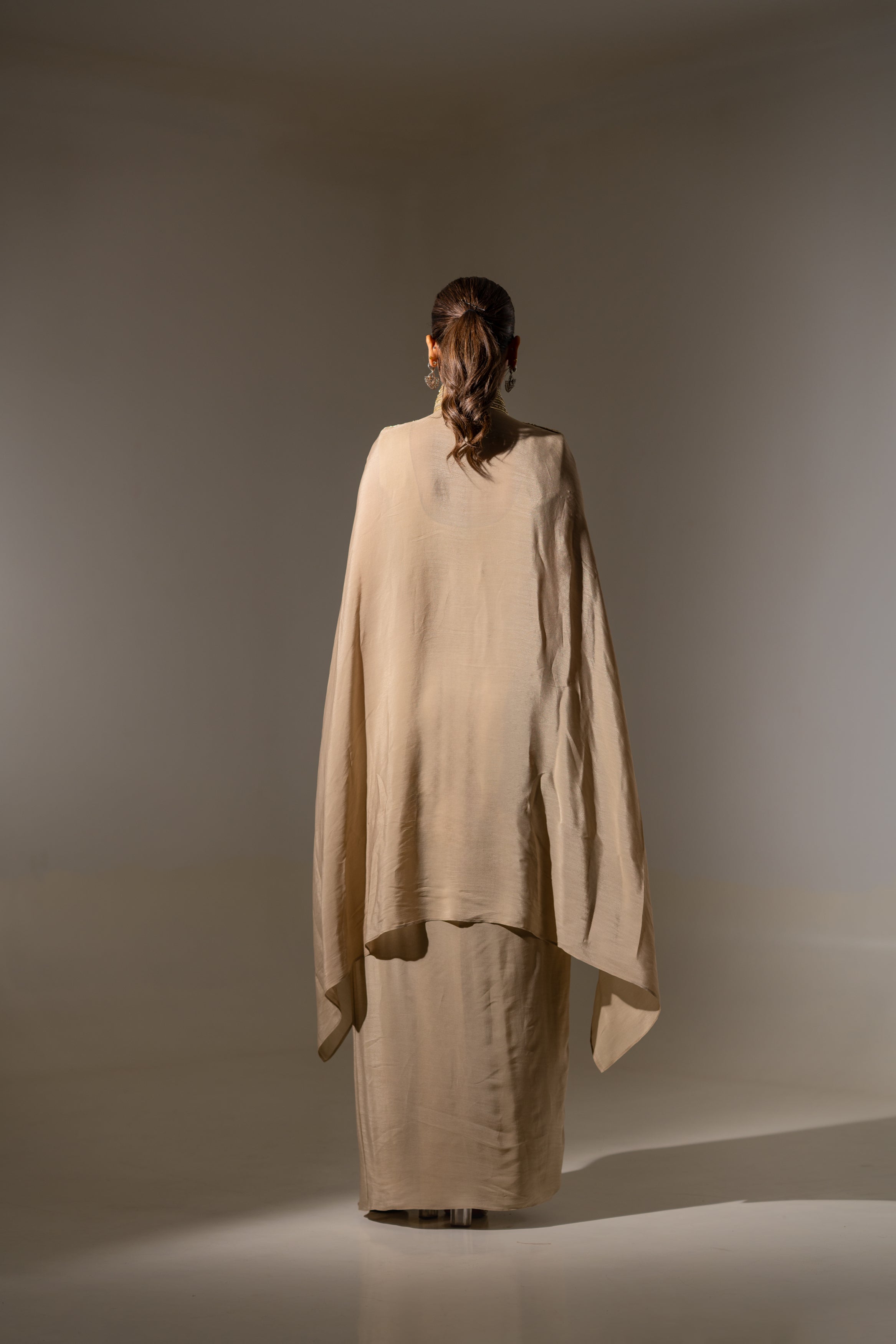 EMBROIDERED CAPE WITH BUSTIER & DRAPED SKIRT
