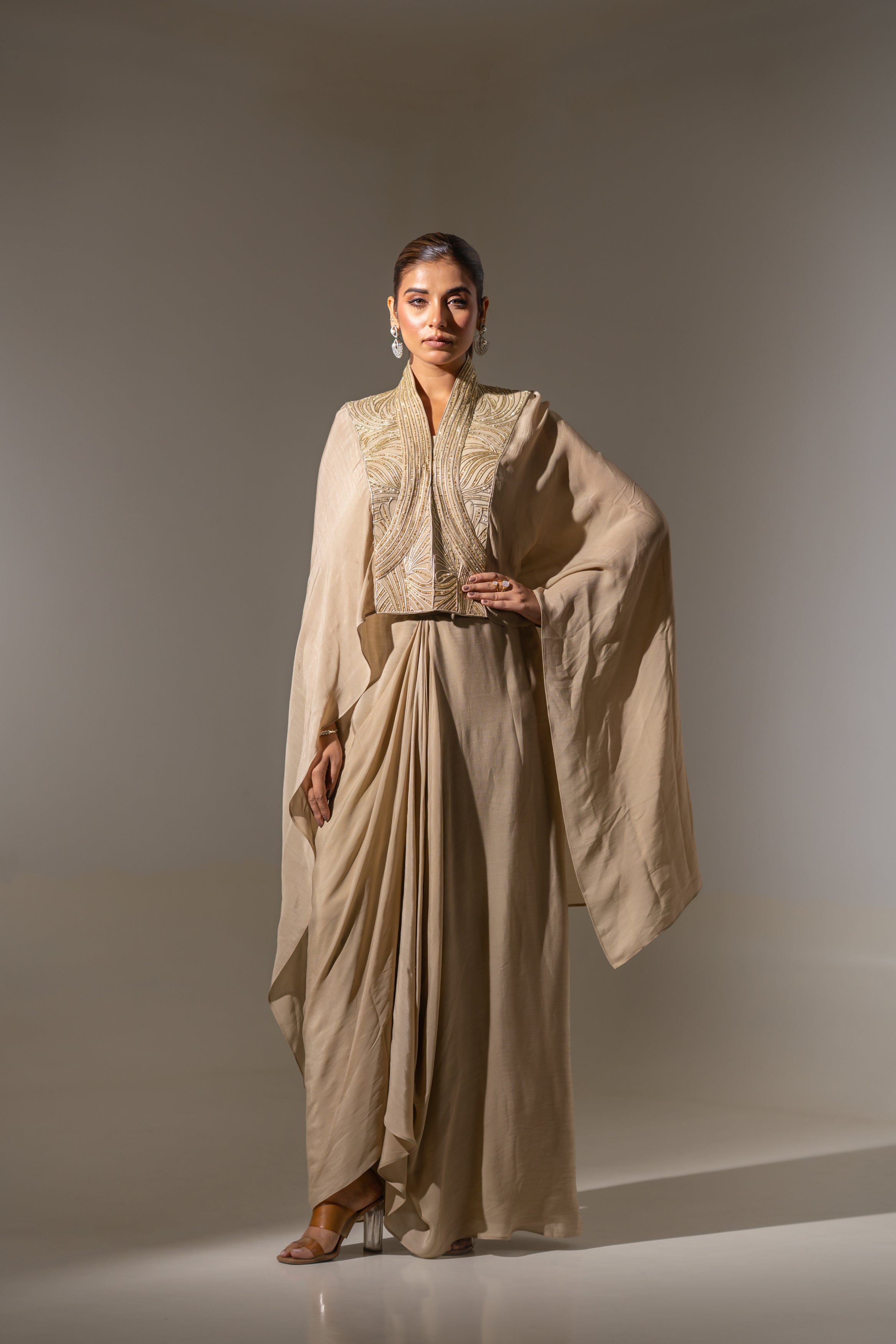 EMBROIDERED CAPE WITH BUSTIER & DRAPED SKIRT