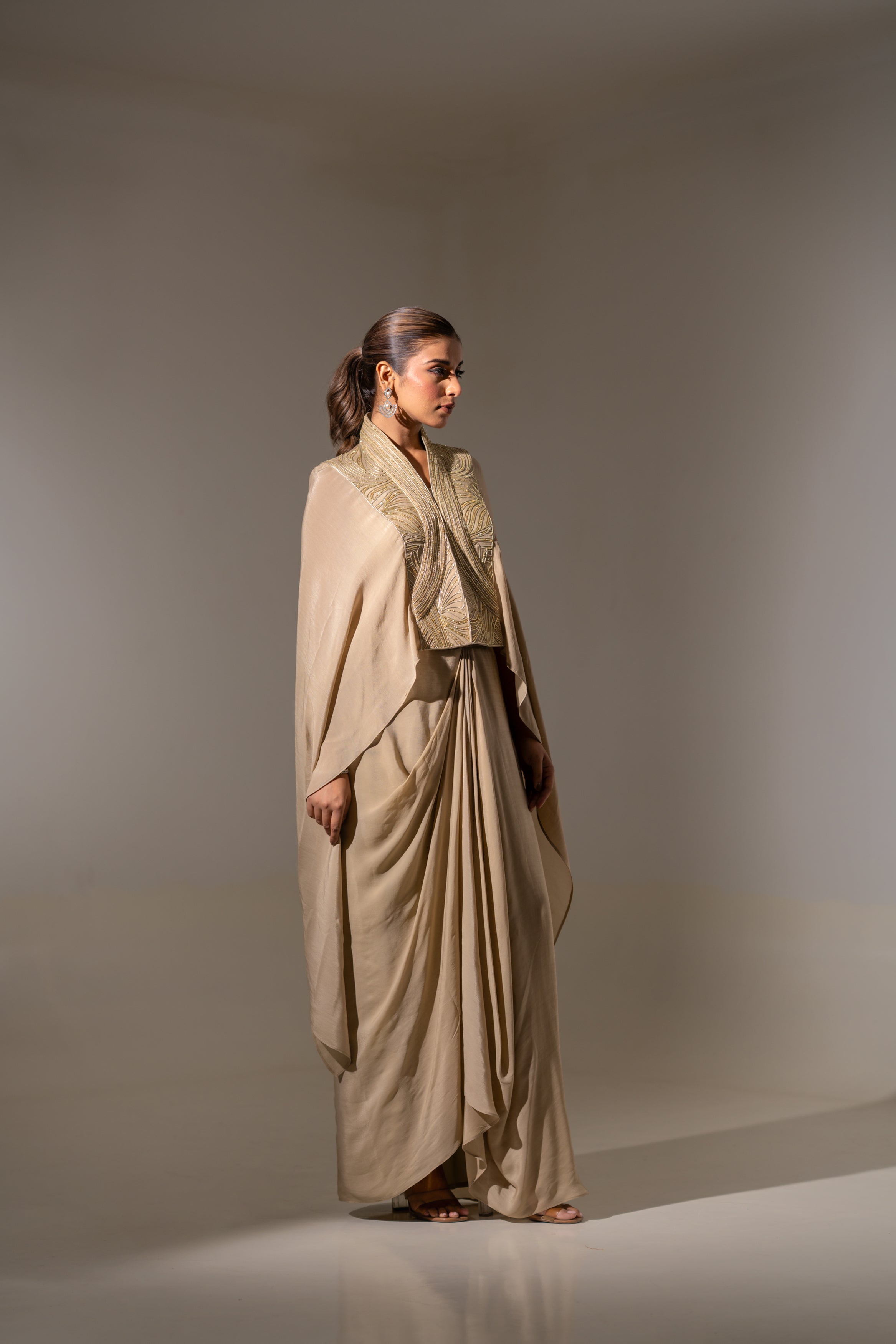 EMBROIDERED CAPE WITH BUSTIER & DRAPED SKIRT