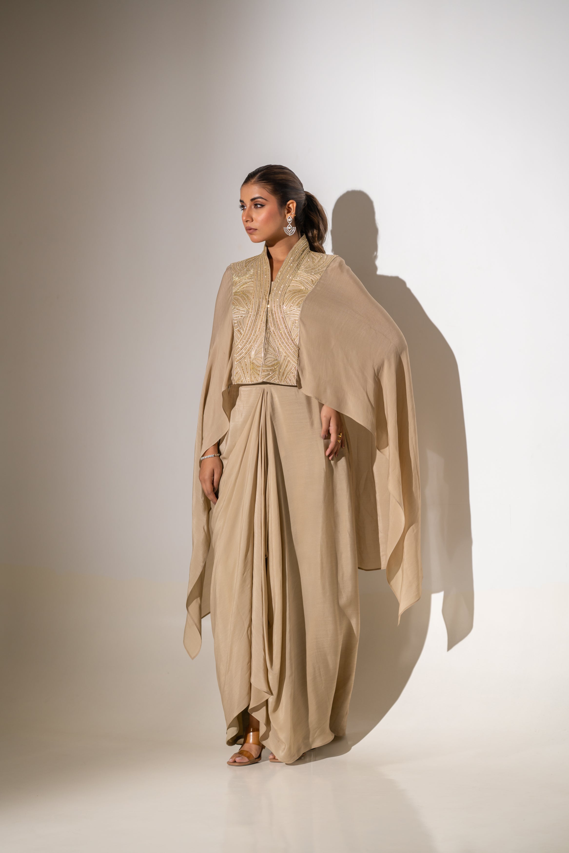EMBROIDERED CAPE WITH BUSTIER & DRAPED SKIRT